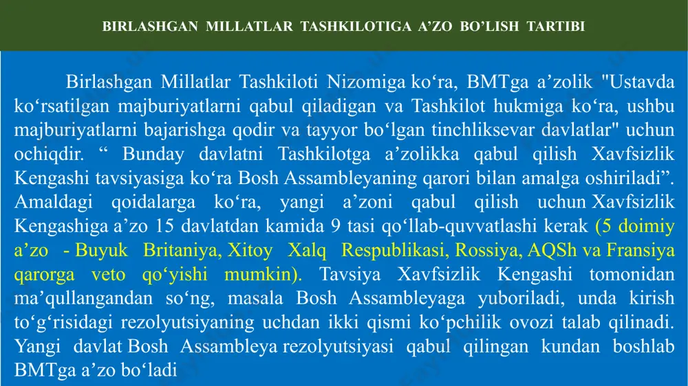 ro tashkilot; bmtning ixtisoslashgan muassasasi. davlatlar oʻrtasida maorif, fan, madaniyat va kommunikatsiyalar sohasida hamkorlikni rivojlantirish yoʻli bilan tinchlikka va xalqaro xavfsizlikka koʻmaklashish maqsadida 1946-yilning 3-noyabrida tuzilgan. 188 mamlakat (shu jumladan, oʻzbekiston respublikasi 1993-yil 26-oktyabrdan) aʼzo. unesco nizomiga koʻra, „… irqi, jinsi tili va dinidan qatʼi nazar, barcha xalqlar uchun adolatga, qonuniylikka, inson huquqlari va asosiy erkinliklariga umumiy hurmatni taʼminlash maqsadida taʼlim, fan va madaniyatni rivojlantirish orqali xalqlar hamkorligiga“ koʻmaklashish tashkilotning ustuvor vazifasidir. o’zbekiston va unesco tashkilot faoliyatining asosiy yoʻnalishlari yalpi savodsizlikka qarshi kurash, maorif tizimi va kadrlar tayyorlashni rivojlantirish, milliy madaniyatlarni oʻrganish va tarqatish, atrof muhitni va madaniy yodgorliklarni muhofaza qilish, okeanografiya, geologiya, gidrologiya, sotsiologiya, kommunikatsiya va boshqalar sohalarda global ilmiy muammolarni hal etishda hamkorlik qilishdan iborat. axborot va informatika – kommunikatsiya masalalari uning faoliyatida katta oʻrin egallaydi. tashkilotga aʼzo mamlakatlarda unesco ishlari boʻyicha milliy komissiyalar tuzilgan. unesco ana shu komissiyalarga tayanib ish olib boradi. oʻzbekiston respublikasining unesco ishlari boʻyicha …
