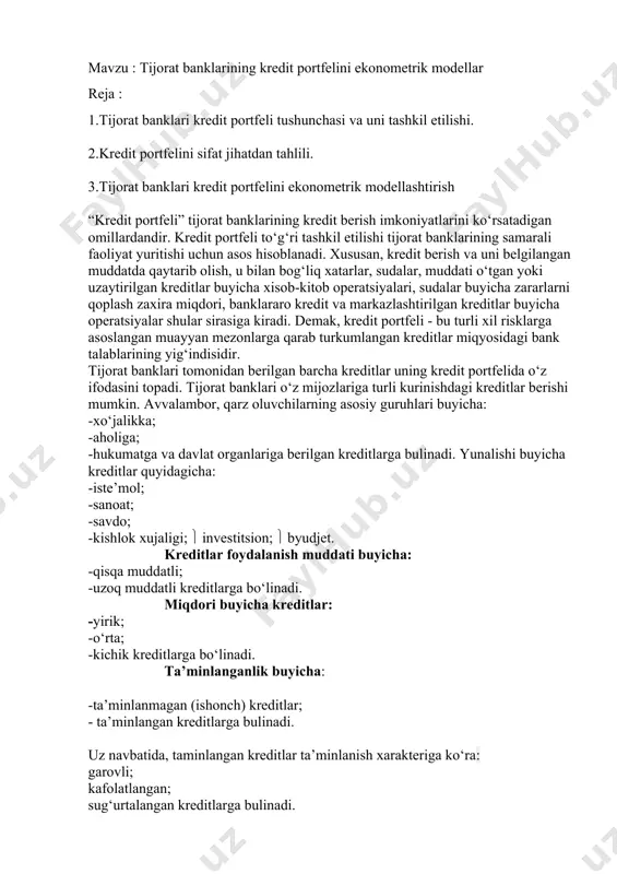 r; -kishloq xujaligiga berilgan sudalar; -savdo va sanoat korxonalariga berilgan sudalar; -jismoniy shaxslarga berilgan sudalar; -boshqa sudalar; lizing moliyalashtirish. bunda bank o’zining qaysi tarmoqqa ko’proq etibor berishiga karab, u yoki bu kredit ulushi kredit portfelida ko’prok buladi. bu uning kredit siyosatidan kelib chiqadi. bank aktiv operatsiyalari ichida kredit asosiy va bank daromadini katta qismi ham ayni shu kredit operatsiyalari orqali keladi. shu sababli bank kredit portfelining qanday shakllanishi bank faoliyatiga bevosita ta’sir ko‘rsatadi. bank yaxshi kredit portfelini shakllantirish niyatida ekan, kreditlash jarayonini tog‘ri tashkil qilishi zarur buladi.. katta banklar, odatda ulgurji kreditorlar hisoblanadilar, ular o‘zlarining kreditlari asosiy mikdorini korporatsiyalar va boshka firmalarga beradilar. kichikroq banklarning faoliyati esa fuqarolarga kichik sudalar, uy garovi ostida xususiy shaxslarga kreditlar, firma va rancho egalariga kichik kreditlar shaklidagi yakka holdagi kreditlarni berishga yo‘naltirilganlar. bundan tashqari, kredit portfeli tarkibiga ko‘ra kreditlashning turli kurinishlari sohasida menejerlarning tajriba va malakasi hamda uz kredit inspektorlariga ma’lum kurinishdagi kreditlarni bermasligi …