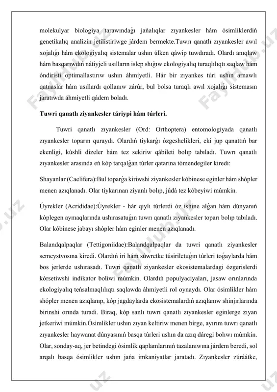 e ushırasadı. tuwri qanatlı ziyankesler ekosistemalardagi ózgerislerdi kórsetiwshi indikator boliwi múmkin. olardıń populyaciyaları, jasaw orınlarında ekologiyalıq teńsalmaqlılıqtı saqlawda áhmiyetli rol oynaydı. olar ósimlikler hám shópler menen azıqlanıp, kóp jagdaylarda ekosistemalardıń azıqlanıw shinjırlarında birinshi orında turadi. biraq, kóp sanlı tuwrı qanatlı zıyankesler eginlerge zıyan jetkeriwi múmkin.ósimlikler ushın zıyan keltiriw menen birge, ayırım tuwrı qanatlı zıyankesler haywanat dúnyasınıń basqa túrleri ushın da azıq dáregi bolıwı múmkin. olar, sonday-aq, jer betindegi ósimlik qaplamlarınıń tazalanıwına járdem beredi, sol arqalı basqa ósimlikler ushın jańa imkaniyatlar jaratadı. zıyankesler zúráátke, ósimliklerge hám awıl xojalıǵı eginlerine júdá úlken ziyan jetkeredi. solay etip, zıyankeslerdi anıqlaw hám olardı qadaǵalaw zárúrligi júzege keledi. eger tuwrı qanatlı zıyankesler óz kóbeyiwin basqara almasa, olar pútkil egislik maydanların qáwipke salıwı múmkin. olardıń kóbeyiwiniń aldın alıw ushın anıqlaw hám monitoringti ámelge asırıw kerek.tuwri qanatlı zıyankeslerdi anıqlawdıń birinshi basqıshi - bul olardıń kórinisi hám minez-qulqın úyreniw. máselen, shayanlar hám úyreklerdiń kishi ólshemleri, tez sekiriwleri hám ósimliklerge …