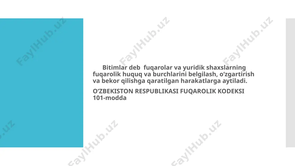 b qo‘yilmagan bo‘lsa, kreditor har qachon ijroni talab qilishga, qarzdor esa ijroni har qachon amalga oshirishga haqli bo‘ladi. majburiyatni darhol bajarish vazifasi qonun, shartnoma yoki majburiyatning mohiyatidan anglashilmasa, qarzdor bunday majburiyatni kreditor talab qilgan kunidan boshlab 7 kunlik muddat ichida bajarishi shart. shartli bitim deb taraflar o‘rtasida tuziladigan bitimning amalga oshirilishi yoki bekor bo‘lishi biron-bir shartga bog‘lab qo‘yilishiga aytiladi. shartli bitimlar ikki xil ko‘rinishda bo‘ladi: a) sharti kechiktirilgan; b) bekor bo‘lish sharti bilan tuziladigan bitimlardir. bitim tuzishda erkni ifodalash usuliga bitim shakli deb aytiladi: ogʻzaki shakl ; yozma shakl ; oʻzbekiston respublikasi fuqarolik kodeksining 106-moddasida taʼkidlanganidek, qonunchilikda yoki taraflarning kelishuvida yozma shakl belgilab qo‘yilmagan, jumladan u tuzilayotgan vaqtning o‘zidayoq bajariladigan bitim og‘zaki tuzilishi mumkin. shaxsning xatti-harakatidan uning bitim tuzishga bo‘lgan xohish-irodasi bilinib turgan holda ham bunday bitim tuzilgan hisoblanadi. yozma shaklda tuziladigan bitimlar ikki turga: a) oddiy yozma; b) notarial idoralarda, shuningdek, qonun bilan nazarda tutilgan hollarda, boshqa organlarda tasdiqlanadigan …