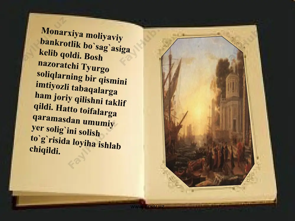 qilindi. qotillikga yollangan dvoryan ayol sharlittadc korde tomonidan sanchilgan xanjar maratning o`limiga sabab bo`ldi. natijada yakobinchilarning terrori yanada kuchaydi. rassom lui david tomonidan "`maratning o`limi" nomli qotillik jarayoni aks etgan tasviriy asar ishlanib, frontga ketuvchi harbiy otryadlar ushbu asar oldida qasamyod qabul qiladigan bo`ldilar. 1794 yil oxirida urushning borishida burilish yuz berdi. ommaviy safarbarlik dushman uslidan g`labaga olib keldi. doimiy harbiy tayyorgarlikdan o`tgan qismlar inqilobiy kayfiyatdagi xalq lashkari bilan qo`shildi, bu - amalgama deb ataldi. birinchi marta yevropada umumiy harbiy majburiyat joriy qilindi. 1794 yilning qishidayoq feodal isvonlari bostirilib, vandes isyonchilarining asosiy kuchlari tor-mor etildi, fransiya hududi koalilsiya qo`shinlaridan ozod qilindi. www.arxiv.uz www.arxiv.uz 1794 yil fevral-martida konvent "gumon qilinuvchilar"ning mulklarini qashsboqlar o`rtasida taqsimlash to`g`risida vantoz dekretlari deb nom olgan dekretlar qabul qildi, ammo bu dekretlar amalda joriy qilinmadi. yakobinchi laming terrorchilik siyosati davom ettirildi. natijada xalqm`ng robespyerga qarshi g`azabi kuchaydi. va`da qilingan jannatona hayotga bo`lgan umid so`na boshladi. frontdagi muvaffaqiyatlarga …