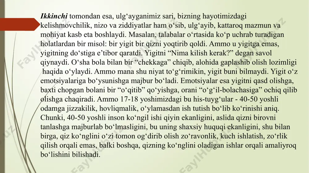 da”, - deydi. o‘quvchi hafa bo‘ladi. u “nima hech qachon dars bajarib kelmaganmanmi?!”, - deb o‘ylaydi. maqtanchoqlik: o‘z marralari va yutuqlari haqida ko‘pirib gapirish, shu bilan birga o‘zgalar marralarini pastga urish, ularni “o‘z o‘rniga qo‘yib qo‘yish” istagi. qat’iylik, fikr va qarashlar keskinligi: o‘z fikrlarining to‘g‘riligiga haddan ziyod ishonish, qarashlarni bildirishdagi keskinlik, faqat o‘zi to‘g‘ri so‘z ayta olishi mumkinligiga ishonch, birovlar fikrini o‘ylab ham ko‘rmaslik, “bizning og‘aynimiz guruh sardori bo‘lganlar-da, shuning uchun o‘zlarini juda aqlli deb biladilar...”, “hamma narsani bilaman deysiz-u, oddiy masalanihal qilishga yordam berolmaysiz...”, “faqat bilog‘onlik qilasiz, o‘rtoqlaringiz fikrini eshita olmaysiz...”, “sen nimani bilarding...” qabilidagi so‘zlarni ishlatish. o‘z maslahatlari va fikrlarini majburiy singdirish va qabul qilinishiga harakat qilish. odatda, maslahat faqat mana shu maslahat so‘ralgan taqdirdagina berilishi lozim. ammo ko‘pchilik hollarda biror muammo muhokama qilinayotgan bo‘lsa, o‘zini katta tutgan odam, yoki yoshi ulug‘roq odam, albatta maslahat qila boshlaydi. maslahatni esa yo qabul qilish, yoki uni inkor qilish mumkin. maslahat …
