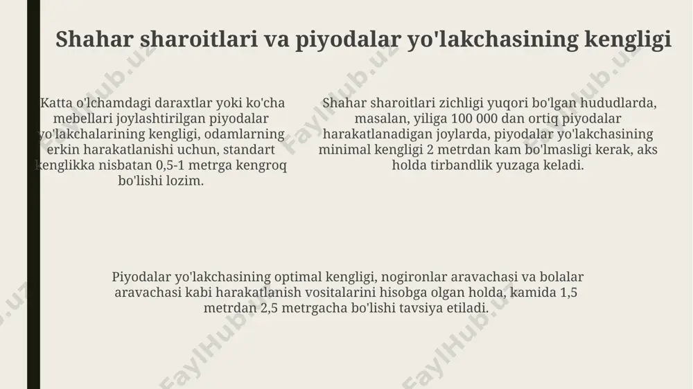 mamlakatlarida qabul qilingan me'yorlarga ko'ra, ko'chadagi piyodalar yo'laklarining kengligi harakatlanish intensivligiga qarab, 1,8 dan 3 metrgacha o'zgarib turadi. yo'laklarning qiyaligi va gorizontal tuzilishi ham xavfsizlik me'yorlariga muvofiq bo'lishi shart, maksimal qiyalik 1:12 nisbatidan oshmasligi tavsiya etiladi, bu esa nogironlar va keksa odamlar uchun qulaylikni ta'minlaydi. piyodalar xavfsizligi standartlari bo'yicha yo'laklarning minimal kengligi 1,5 metrdan kam bo'lmasligi, gavjum joylarda esa 2 metrdan kam bo'lmasligi kerak. bu, nogironlar aravachalari va bolalar aravachalari uchun yetarli joyni ta'minlashni o'z ichiga oladi. innovatsion yondashuvlar va texnologiyalar piyodalar yo'laklarining kengligini aniqlashda 3d skanerlash texnologiyasidan foydalanish 10 baravar tezroq va 5% ga aniqroq natija beradi, bu esa loyihalash vaqtini qisqartiradi. sun'iy intellekt algoritmlari orqali yo'lovchilar oqimini tahlil qilish, optimal kenglikni hisoblash imkonini beradi, bu 15% gacha samaradorlikni oshiradi. sun'iy intellekt algoritmlari orqali yo'lovchilar oqimini tahlil qilish, optimal kenglikni hisoblash imkonini beradi, bu 15% gacha samaradorlikni oshiradi. kompyuter dasturlari va modellashtirish shahar ko'chalaridagi yo'laklar kengligini optimizatsiya qilish uchun …