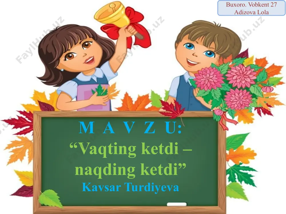 o‘g‘ri! ziyrakbekka bu ish yoqdi.tanlov boshlandi. uni yoqimtoy va iltimosxonlar olib bordilar. buxoro. vobkent 27 adizova lola – aziz do‘stlar! iltimos, eshitinglar: „ajoyib-g‘aroyib tanlovimiz ochiq!“ deb e’lon qilinadi. biz sahnaga bir oy davomida yutuqlarni qo‘lga kiritgan, vaqti bekor ketmaganlarni taklif qilamiz. yalolaxon yangi qo‘shig‘ini aytdi. shirmoyxon yangi suratlarini olib keldi.shunda sahnaga bo‘rsildoq va pufakvoylar ham taklif qilindi. – marhamat, bir oy ichida qilgan foydali ishlaringizni aytib bering, – dedi ularga boshlovchilar. buxoro. vobkent 27 adizova lola ishkalvoy yerga qaradi.– men kompyuter o‘ynadim va o‘ttiz marta yutdim.– bundan nima foyda ko‘rdingiz? – hech nima. – siz-chi, bo‘rsildoq? non yopib odamlarni xursand qildingizmi? – yo‘q, men non yopib qarzlarimni to‘ladim. – qanday qarzlaringizni? – har kuni kompyuter o‘ynaganim uchun yig‘ilgan qarzimni. – endi esa, aziz do‘stlar, biz „vaqting –baxting“ nomli tanlovning eng quvonchli daqiqalariga yetib keldik.– biz g‘oliblarni mukofotlaymiz. mukofotlarni topshirishni ishbilarmonga bersak. buxoro. vobkent 27 adizova lola ishbilarmon g‘olib ishtirokchilarni mukofotladi.ayniqsa, …