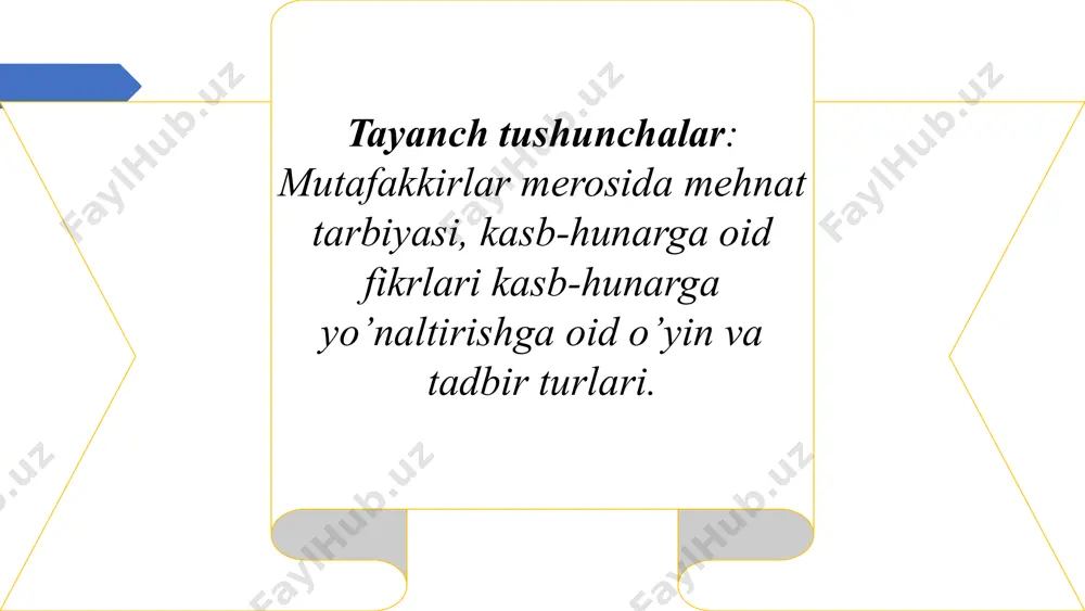 arning bilish saviyasini oshirish. ongli o'zlashtirish dastur materialini ongli ravishda o'zlashtirilishiga erishish. tarbiyaviy potensial mehnatga o'qitish, tarbiyalash va rivojlantirish jarayonining tarbiyaviy potensialini oshirish. 11 mehnat an'analaridan foydalanish prinsiplari 1 yosh xususiyatlari o'quvchilarning yoshi bo'yicha rivojlanishini hisobga olish. 2 majmuaviylik mehnat an'analaridan foydalanishda kompleks yondashuv. 3 tizimiylik an'analarni tizimli ravishda o'rgatish va qo'llash. 4 izchillik mehnat an'analarini izchil ravishda o'rgatish va amaliyotga tatbiq etish. 12 mehnat tarbiyasini amalga oshirish bosqichlari 1 maktabgacha ta'lim maktabgacha ta'lim muassasalarida mehnat ko'nikmalarini shakllantirish. 2 oila oilada mehnat tarbiyasini amalga oshirish va an'analarni o'rgatish. 3 maktab maktabda dars va darsdan tashqari faoliyatda mehnat tarbiyasini amalga oshirish. 4 mahalla mahallada jamoatchilik tashkilotlari orqali mehnat tarbiyasini amalga oshirish. 13 mehnat an'analarining tarixiy ildizlari 1 qadimgi davr ibtidoiy jamoa tuzumidan boshlab, mehnat jamoaviy faoliyat sifatida shakllangan. ovchilik, termachilik va dastlabki dehqonchilik ko'nikmalari shu davrda paydo bo'lgan. 2 o'rta asrlar hunarmandchilik va savdo-sotiq rivojlangan. ustoz-shogird tizimi orqali kasb-hunar sirlari avloddan-avlodga …