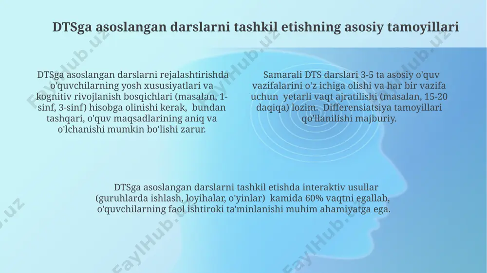 o'zini baholash, o'zaro baholash natijalari, shuningdek, qo'llaniladigan dts mezonlariga moslik tahlili muhim hisoblanadi. dts asosidagi darslar samaradorligini 5 ball shkalasi bo'yicha baholashda, o'qituvchining rejalashtirish, tashkil etish, baholash va aks ettirish bo'yicha amalga oshirgan harakatlarining ta'siri hisobga olinadi. dtsga asoslangan darslar samaradorligini baholashda o'quvchilarning 80% dan ortiq bilim va ko'nikmalarini o'zlashtirish darajasi, shuningdek, faol ishtirok etish ko'rsatkichlari muhim ahamiyatga ega. kelajakdagi istiqbollar kelajakda dtsga asoslangan o'quv dasturlari 10 dan ortiq fan bo'yicha integratsiyalashgan holda ishlab chiqilishi va 21-asr ko'nikmalariga e'tibor qaratishi mumkin. interaktiv o'quv vositalaridan foydalanish va dtsga asoslangan baholash tizimlarini joriy etish orqali o'quv jarayonining samaradorligi 15% ga oshirilishi mumkin. dtsga asoslangan darslarni tashkil etishning kelajakdagi istiqbollari 5 yildan keyin 30% ga yaqin boshlang'ich ta'lim muassasalarida qo'llanilishini ko'zda tutish mumkin. oʻquvchilarning individual ehtiyojlarini qondirish oʻquv jarayonida individual ehtiyojlarni aniqlash uchun kamida 5 xil baholash usuli qoʻllanilishi, shu jumladan, kuzatish, suhbat va testlar natijalarini tahlil qilish tavsiya etiladi. har bir oʻquvchining …