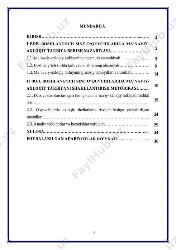 r axloqiy qadriyatlar, odob-axloq normalari, hurmat, do‘stona munosabatlar va ijtimoiy me’yorlarni o‘zlashtiradi. boshlang‘ich ta’lim davri – bolaning shaxs sifatida shakllanishidagi eng muhim bosqichlardan biri bo‘lib, aynan shu davrda bolalarda axloqiy me’yorlar, hurmat, hamkorlik, mas’uliyat, vijdonlilik va boshqa ma’naviy-axloqiy fazilatlar ildiz otadi. shu bois pedagoglar uchun boshlang‘ich sinf o‘quvchilariga ma’naviy- axloqiy tarbiya berish nafaqat zarur, balki dolzarb vazifa hisoblanadi. bolaning shaxs sifatida to‘laqonli rivojlanishi uning oila, maktab va jamiyatga moslashish qobiliyatiga bog‘liq bo‘lib, aynan ma’naviy-axloqiy tarbiya bu jarayonda muhim rol o‘ynaydi. kurs ishining dolzarbligi shundaki, zamonaviy jamiyatda bolalarning axloqiy va ijtimoiy fazilatlarini shakllantirish masalasi tobora murakkablashib bormoqda. axloqiy qadriyatlarning zaiflashuvi, bolaning o‘zini boshqarish va ijtimoiy me’yorlarga rioya qilish qobiliyatining pastligi, shuningdek, o‘quvchilarning jamiyatdagi to‘g‘ri munosabat va xulq-atvorni qabul qilishdagi qiyinchiliklari yosh avlodning shaxs sifatida rivojlanishiga salbiy ta’sir ko‘rsatadi. shu sababli pedagoglar va psixologlar boshlang‘ich sinf o‘quvchilarini tarbiyalashda samarali metodik yondashuvlarni ishlab chiqish, amaliyotga tatbiq etish va doimiy takomillashtirish zaruriyatini sezmoqda. mazkur …