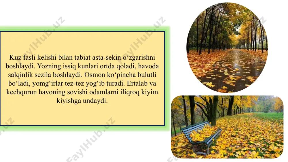 bezagi ham bo‘ladi. style.visibility “oltin kuz”ning go‘zalligi va bolalar ijodida aks etishi kuz faslining eng go‘zal tomonlaridan biri uning rang-barang tabiatidir. daraxtlarning barglari yashildan sarg‘ayib, qizil va jigar ranglarga kiradi. atrofni tomosha qilganingizda, xuddi ertakdagidek manzara ko‘rinadi. shuning uchun ham odamlar kuz faslini “oltin kuz” deb atashadi. style.visibility shoirlar kuz haqida she’r yozadilar, yozuvchilar hikoya va ertaklarda uni tasvirlaydilar. masalan, she’rlarda barglarning shitirlashi, yomg‘irning mayin shovqini yoki salqin havo haqida so‘z yuritiladi. bu bizga kuz faslini yanada chiroyli qilib tasavvur qilishga yordam beradi. style.visibility ppt_x ppt_y oltin kuz ko‘z-ko‘z qilib bor bisotini, o‘lkamizga kuz fasli keldi. ona yerning saxovatini ko‘rib, qalbim quvonchga to‘ldi. kuzning qaynoq nafasi dastlab dalalarda, bog‘da sezilar. tolning sarg‘ish yaproqchalari bandlaridan chirt-chirt uzilar. egilibdi anor shoxlari ko‘tarolmay o‘z hosilini. uchratasiz ko‘rkam bog‘larda mevalarning eng asilini. paxtazorlar oppoq libosda qamashtirar boqsam ko‘zimni. qo‘shiq qilib kuylayman bugun ona yurtim oltin kuzini. xolboy sherdonov, style.visibility tasviriy san’at darslarida kuzni chizish …