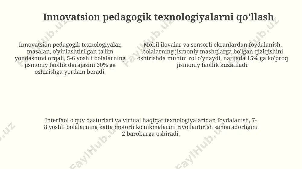 ismoniy faoliyat turi (masalan, yugurish, sakrash, to‘p o‘yinlari) qo‘llanishi tavsiya etiladi. o‘quv rejasiga mos ravishda har hafta kamida 5-6 kun jismoniy tarbiya mashg‘ulotlari o‘tkazilishi va har bir mashg‘ulot kamida 30-45 daqiqa davom etishi lozim. maktabgacha yoshdagi bolalarning jismoniy rivojlanishini baholash mezonlari jismoniy rivojlanish darajasini aniqlashda, umumiy motor koordinatsiyasi, muvozanat, tezlik, kuch va moslashuvchanlik kabi 5 ta asosiy komponentni baholash zarur. har bir komponent uchun 1 dan 5 gacha ball qo'yiladi va umumiy ball hisoblanadi. maktabgacha yoshdagi bolalarning jismoniy rivojlanishini baholashda, 3 yoshdagi bolalarning o'rtacha bo'yi va vazni ko'rsatkichlari, shuningdek, asosiy harakatlar (yugurish, sakrash, tashqi ko'rinishi)ni bajarish tezligi va sifatini hisobga olish kerak. bolalarning mushak kuchini, chidamliligini va moslashuvchanligini aniqlash uchun testlar, masalan, sakrash balandligi, turli mashqlarni bajarish vaqti va egiluvchanlik darajasi kabi ko'rsatkichlarni o'lchash orqali amalga oshiriladi. 5-6 yoshdagi bolalar uchun norma ko'rsatkichlari alohida belgilanadi. jismoniy tarbiya dasturlarini ishlab chiqish va takomillashtirish jismoniy tarbiya dasturlarini ishlab chiqishda 3-7 yoshli bolalar …