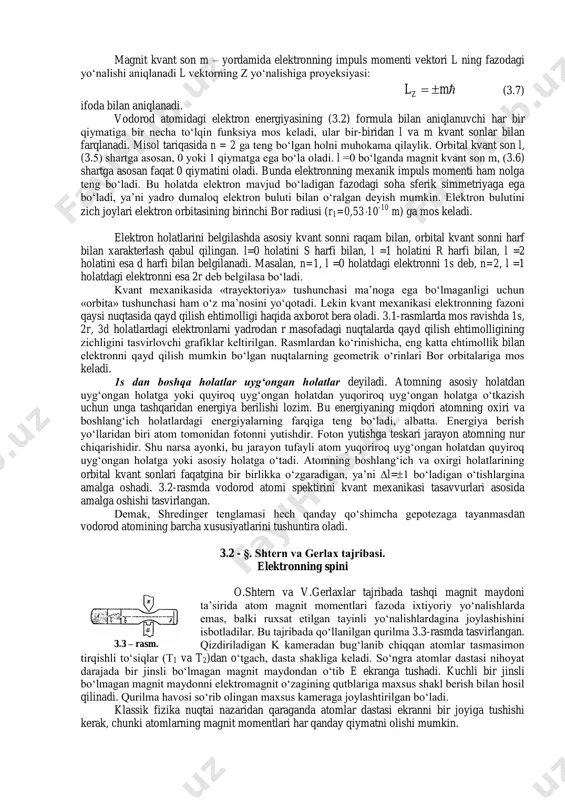 luvchi sathlar orasidagi masofa bosh kvant soni bilan aniqlanuvchi elektron sathlar orasidagi masofadan kichik. bu hol 3.6- rasmda yo‘g‘on, o‘rtacha yo‘g‘onlikdagi va ingichka chiziqlar bilan ikkita elektron sath uchun tasvirlangan. molekulalarning tuzilishi va ular energiya sathlarining xususiyatlari kvant o‘tishlarda sochilgan nurlanish (yutilish) spektrida, ya’ni molekula spektrida namoyon bo‘ladi. molekulaning nurlanish spektri kvant mexanikasidagi tanlash qoidasiga mos holda (masalan, aylanma yoki tebranma harakatga mos kvant sonining o‘zgarishi  1 ga teng bo‘lishi kerak) energetik sathlar tarkibi bilan aniqlanadi. shunday qilib, sathlar orasidagi turli xil o‘tishlardan 3.6 – rasm. tebranma sathlar aylanma sathlar elektron sathlar spektrlar hosil bo‘ladi. molekulaning spektral chizig‘i chastotasi bir elektron sathdan boshqasiga o‘tishiga mos kelishi (elektron spektrlariga) yoki biror tebranma harakatga mos kelgan energetik sathdan ikkisiga o‘tishga mos kelishi mumkin. molekulalar spektri ham chiziqli bo‘lib, ular spektrning ub, iq va ko‘zga ko‘rinuvchi sohasida joylashishi mumkin. aylanma sathlar bir- biriga juda yaqin joylashgani uchun molekulalar spektridagi chiziqlar ham bir-biriga …