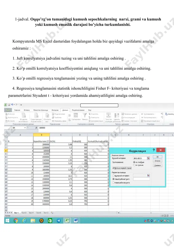 83<b3<7603792.66 olingan natijalar regression modelning statistik ma’nodorligiga kafolat beradi, uni bashorat masalalarida qo’llash mumkin. tahlil mamlakatimizda zargarlikka ehtiyoj ortib borayotgani sabab savdo do’konlari ham yanada ko’payib bormoqda. hozir biz toshkent viloyatining oqqo’rg’on tumanidagi zargarlik savdo do’konlarida kumush sepochkalarning sotilishi, kumush sepochka narxi va unga ta’sir etuvchi gr, probasi va toza kumush yoki aksincha kumush emasligi bo’yicha quyidagi ma’lumotlar to’plandik. quyidagi jadvalda berilgan ma’lumotlar asosida oqqo’rg’on zargarlik savdo do’konlari 20 ta (n=20) dokonlardagi kumush b narxi (y, ming), gr (x₁,), proba (x₂,) va haqiqiy kumush\ kumush emasligi to’g’risidagi bog’liqligini o’rgandik olingan tahlil natijalaridan ko’rinib turibdiki, tenglamaning parametrlari statistik ma’noga ega. ushbu natijalar h₀ gipotezani inkor etishga asos bo’ladi. regressiya parametrlarining ishonchlilik oraliqlari (h18, i18, h19,i19 kataklaridagi ma’lumotlarga asosan) quyidagicha : 207272.1318 ˂ b1 ˂ 383907.0206, 6844.8045 ˂ b2 ˂ 15479.61 4942297.83<b3<7603792.66 olingan natijalar regression modelning statistik ma’nodorligiga kafolat beradi, uni bashorat masalalarida qo’llash mumkin. fayzullayev