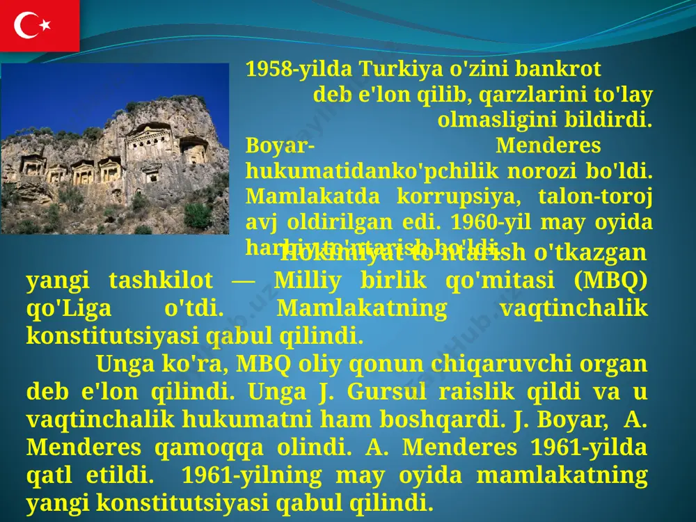 ordam oldi. 1948-yil iyulda turkiya hukumati aqsh bilan «marshall rejasi» asosida hamkorlik qilish to'g'risida bitim imzoladi. bu ikkala bitim bo'yicha turkiya aqshdan 800 mln dollar oldi va mablag'lar asosan harbiy ishga sarflandi. budjetning 60 foizi bu davrda harbiy maqsadlarga ketmoqda edi. aqsh ning koreyada olib borgan urushida ishtirok etdi. 1951 -yil oxirida turkiya nato a'zoligiga qabul qilindi. 1954-yilda seato harbiy-siyosiy ittifoqi a'zosi bo'ldi. shu yildan boshlab turkiya tashqi siyosatida kipr masalasi alohida o'rin tuta boshladi. 1955-yilda esa bag'dod paktini imzoladi. 1959-yilda turkiya hududida aqsh harbiy bazasi barpo etish to'g'risida ikki tomonlama shartnoma imzolandi. shuningdek, eron va pokiston bilan shartnoma tuzib, sentoni tashkil etdi. (1958-yilda iroq bu blokdan chiqib ketgan edi.) 60-yillardan boshlab turkiyaning aqsh bilan bir tomonlama ittifoqchilikka asoslangan tashqi siyosatida o'zgarish yuz bera boshladi. endi turkiya «umumiy bozor» a'zosi bo'lgan davlatlar, birinchi navbatda, gfr bilan iqtisodiy aloqalarni rivojlantira boshladi. 1974-yilda kipr muammosi yanada keskinlashdi. kiprni gretsiyaga qo'shib olishga intiluvchi …