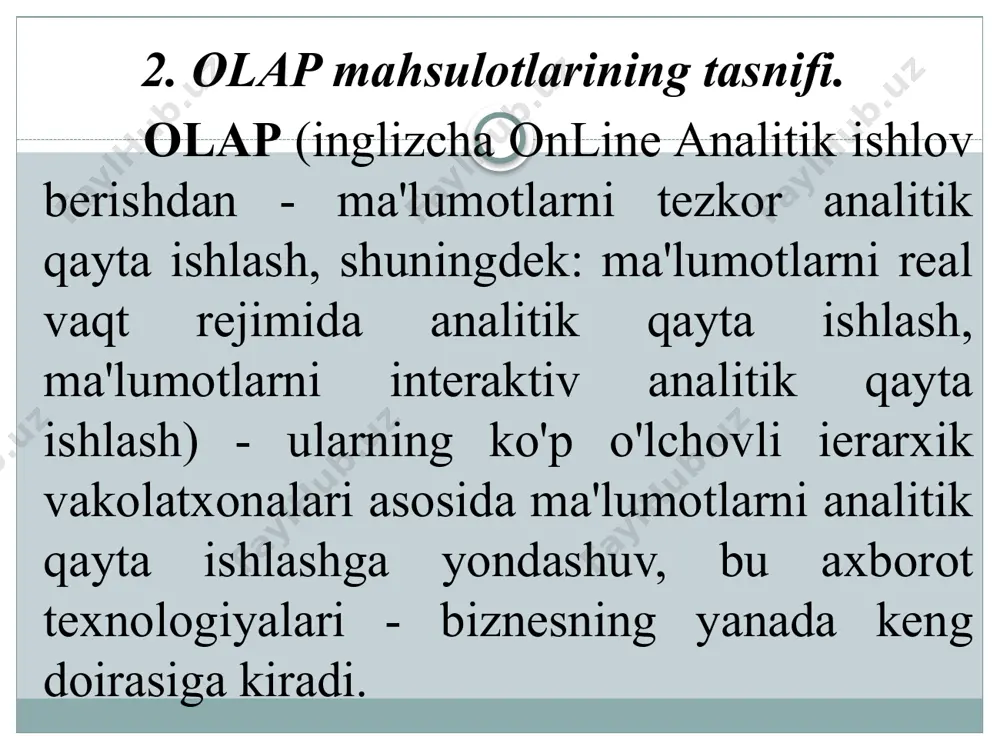 p vositalari mavjud bo'lmasdan to'liq deb hisoblanmasligi bejiz emas. ko'pgina byudjet hisobotlari olap tizimlari asosida osongina tuziladi. shu bilan birga, ma'ruzalar juda keng doiradagi savollarga javob beradi: xarajatlar va daromadlar tarkibini tahlil qilish, ayrim bo'limlar bo'yicha ayrim ob'ektlar bo'yicha xarajatlarni taqqoslash, ayrim ob'ektlar bo'yicha xarajatlar dinamikasi va tendentsiyalarini tahlil qilish, xarajatlar va foyda tahlili. 8. hisob-kitoblar. hisob raqamidan tashkil topgan va kiruvchi qoldiqlar, aylanmalar va chiqadigan qoldiqlarni o'z ichiga olgan klassik balans olap tizimida mukammal tahlil qilinishi mumkin. bundan tashqari, olap tizimi ko'p tarmoqli tashkilotning konsolidatsiya qilingan qoldiqlarini, oy, chorak va yil uchun qoldiqlarni, hisob-kitoblar iyerarxiyasi bo'yicha yig'ilgan qoldiqlarni, analitik xususiyatlarga asoslangan analitik qoldiqlarni avtomatik va juda tez hisoblashi mumkin. 9. moliyaviy hisobot. texnologik jihatdan rivojlangan hisobot tizimi - bu ma'lum bir hisobotlarni olish uchun har xil jihatlarga ko'ra birlashtirilishi va umumlashtirilishi kerak bo'lgan sana bo'yicha qiymatlari ko'rsatilgan nomlangan ko'rsatkichlar to'plamidan boshqa narsa emas. bunday holda, hisobotlarni namoyish qilish va …