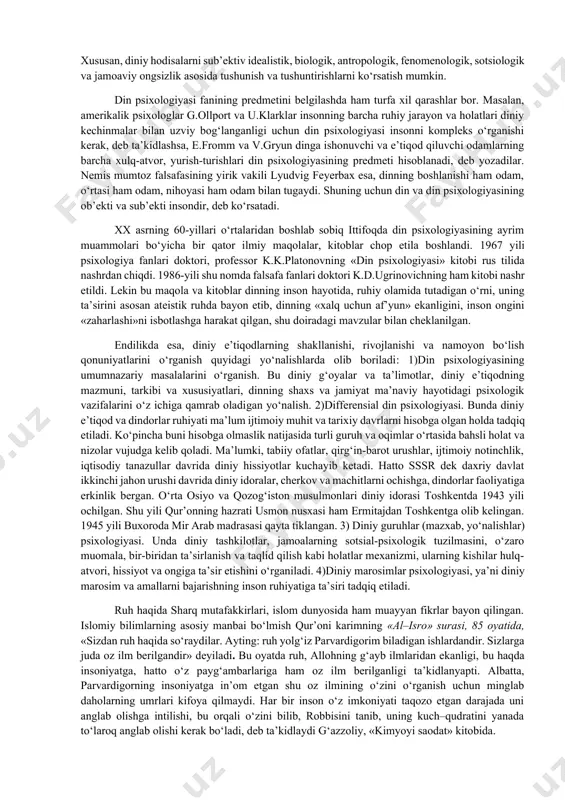 an ortiq machitlarning faoliyat olib borayotganligi va boshka shunga o‘xshash faktlar bunga misol bo‘la oladi. diniy bilimlar va diniy e’tiqodlar asosida avlodlarning yanada barkamollikka erishishi, diniy bilimlarning jamiyat hayotiga ta’sir kuchini ilmiy jihatdan o‘rganish, dinshunoslik va din psixologiyasi fani oldida turgan dolzarb vazifalardandir. insonning qayg‘u-hasrat ko‘rmay, g‘am-anduh chekmay umr ko‘rishi mumkin emas. zero, yaratilgan va jamiyatda mavjud bo‘lgan narsalarning barchasi o‘z ziddiga ega bo‘lib, ular o‘rtasida doimo kurash ketadi. vaqti-vaqti bilan ular o‘rin almashib turishadi. tun ketidan kun, qishdan keyin bahor almashganidek, odam bolasining hayotida to‘kinchilik, farovonlik, sog‘liq-salomatlik o‘rnini, ba’zan yo‘qchilik, inqiroz, kasallik kabi mashaqqatlar egallaydi. haqiqiy imon bu mashaqqatlarga avvalo, sabr qilishda, tushkunlikka tushmay, ularni bartaraf etish uchun qilingan say’-harakatlarda sinaladi. ko‘pincha, bunday holatlarda e’tiqodsiz odamlarda tushkunlik kayfiyati ustunlik qilib, vahimali fikrlarga bora boshlaydi. peshonam sho‘r ekan, deb noshukurlik qiladi. dunyo ko‘ziga qorong‘u ko‘rinib, hayotda bo‘lgan quvonchli kunlar, farog‘baxsh onlarni unutib, umri davomida bo‘lgan neki noxushlik, qiyinchiliklar bo‘lsa, barchasini …