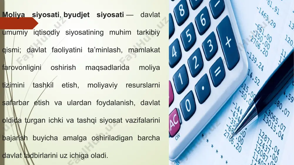 lashdir. buning uchun byudjetning daromad qismi taʼminlanadi, byudjet daromadi va harajatlari balanslashtiriladi, byudjet taqchilligini meʼyorida (yaimga nisbatan 3%) boʻlishiga erishiladi. moliya siyosatining muhim vazifasi - u yoki bu iqtisodiy va ijtimoiy rivojlanishning davlat rejasini yoki chora-tadbirlarini amalga oshirish uchun tegishli moliyaviy resurslar bilan ta’minlashdir. lekin moliya siyosatini faqat iqtisodiy siyosatga bog‘lash mumkin emas. moliya siyosati - bu moliyaviy munosabatlar sohasida davlatning mustaqil faoliyat ko’rsatadigan sohasi. moliya siyosati mustaqil xususiyatga ega bo’lish bilan bir vaqtda davlatning har qanday istalgan ijtimoiy faoliyatni amalga oshirishi uchun xoh ijtimoiy, xoh iqtisodiy xoh halqaro munosabatlar olib borishida muhim vosita ayrim hollarda moliyaviy siyosat davlatning o‘z funksiyalarini bajarishi uchun moliyaviy munosabatlardan foydalanish bilan bog‘liq bo‘lgan davlat organlarining ma’lum bir faoliyati sifatida talqin qilinadi shuning uchun moliyaviy siyosatni faqat iqtisodiy siyosatga bog‘lab qo‘yish maqsadga muvofiq emas. siyosat davlat faoliyatining barcha yo‘nalishlarini qamrab oladi. siyosiy ta’sir ob’ekti hisoblangan ijtimoiy munosabatlar sohalariga bog‘liq ravishda iqtisodiy yoki ijtimoiy, madaniy yoki …