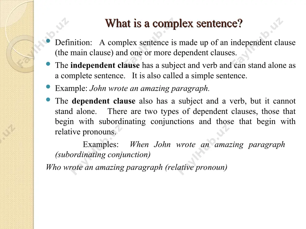 lause comes first, a comma is required. dependent clauses are in italics. example: when i read the story, i could imagine everything. however, when the dependent clause follows an independent clause, no comma is used. example: i could imagine everything when i read the story. complex sentences with relative pronouns the second type of dependent clause begins with a relative pronoun. relative pronouns are : who/ whom/ whose/ which/ that (somtimes where, when, and why act as relative pronouns.) examples: steinbeck, [who wrote novels], is famous. the independent clause is steinbeck is famous. the dependent clause is [who wrote novels]. using of punctuation when a dependent clause beginning with a relative pronoun points to a general noun, do not use commas. the clause is needed in the sentence to make a general noun more specific. examples: a. all books [that are banned] should be read (in college courses). b. all …