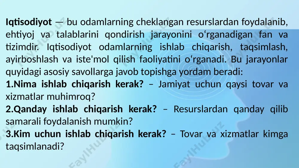 shadi. bozor — bu sotuvchi va xaridorlar o‘rtasida tovarlar va xizmatlar oldi-sotdisi amalga oshiriladigan joy yoki tizimdir. bozor talab va taklif asosida shakllanadi va unda narxlar, savdo qoidalari, raqobat muhiti kabi jarayonlar kechadi. ✅ bozorning asosiy tarkibiy qismlari: sotuvchilar – tovar yoki xizmatni taklif qiladigan tomon. xaridorlar – tovar yoki xizmatga ehtiyoj sezadigan va sotib oladigan tomon. tovar va xizmatlar – bozorda sotiladigan va xarid qilinadigan mahsulotlar yoki xizmatlar. narx – talab va taklif asosida shakllanadigan qiymat. raqobat – bozor ishtirokchilari o‘rtasidagi ustunlik uchun kurash. bozor – bu iqtisodiyotning yuragi hisoblanadi. u talab va taklif orqali narxlarni belgilaydi, ishlab chiqaruvchilarni samaradorlikka undaydi va iste’molchilarga ehtiyojlarini qondirish imkonini beradi. 🏢 bozor turlari 1. tuzilmasiga ko‘ra: erkin bozor – talab va taklif asosida tabiiy ravishda shakllanadi, davlat aralashuvi kam. monopoliya – bozorda faqat bitta sotuvchi hukmron bo‘ladi. oligopoliya – bozorda bir necha yirik sotuvchilar ustunlik qiladi. monopsoniya – bozorda bitta xaridor hukmron …