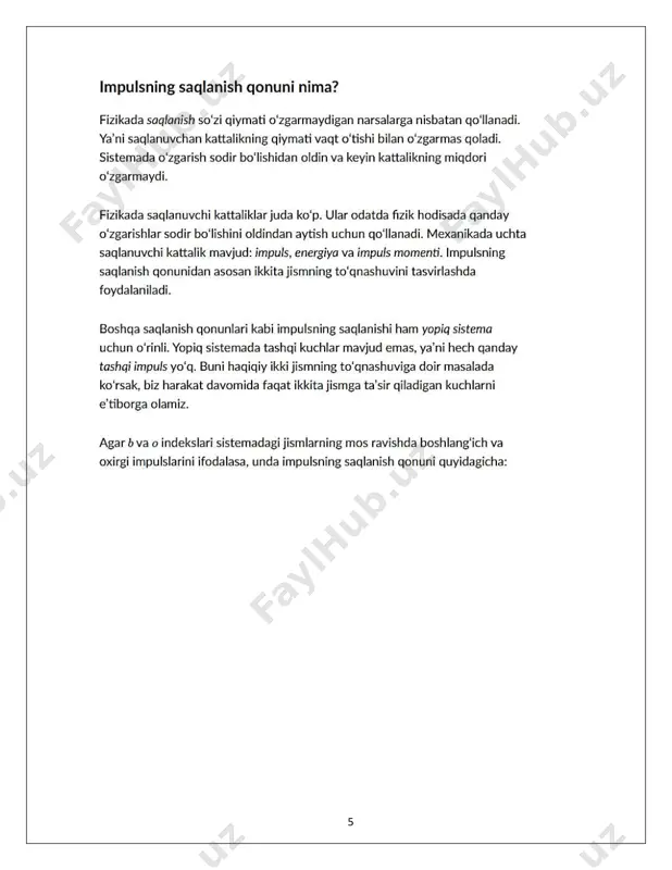 imda energiya yoʻqdan bor boʻlmaydi va yoʻqolib ketmaydi, faqat bir turdan ikkinchi turga aylanib turadi. berk tizimda faqat konservativ (oʻzgarmas) kuchlar mavjud boʻlsa, tizimning toʻliq mexanik energiyasi oʻzgarmas qiymatga ega boʻlib qoladi, yaʼni kinetik energiya potensial energiyaga aylanib turadi va aksincha. agar berk tizimda konservativ kuchlardan tashqari nokonservativ (oʻzgaruvchan) kuchlar (mas, ishqalanish kuchlari) ham boʻlsa, tizimning toʻliq mexanik energiyasi vaqt oʻtishi bilan kamayib boradi. natijada nomexanik energiyalar: issiqlik yoki kimyoviy, elektromagnit maydon energiyalari va boshqalar vaqt oʻtishi bilan ortib boradi. ammo energiyaning barcha turlari yigʻindisi vaqt oʻtishi bilan oʻzgarmaydi. tizimda sodir boʻlayotgan jarayonlarning tabiatiga qarab, energiyaning saqlanish va aylanish qonuni va a. q. turlicha ifodalanadi va matematik shaklda yoziladi. klassik fizikada moddaning saqlanish qonuni tinch holatdagi massaning saqlanishini ifodalaydi. holbuki, tinch holatdagi massa saqlanmasligi mumkin, chunonchi, shunday holda annigilyatsiya hodisasida roʻy beradi. (4) formuladan tinch holatda turgan jismga turli usullar bilan berilgan le energiya jism massasining at ga ortishiga sabab …