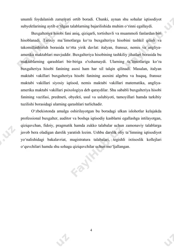n buxgalterlar xizmatidan foydalanish; - buxgalteriya hisobini yuritishda shartnoma asosida ixtisoslashgan buxgalteriya firmalariga yoki tarkibiga buxgalteriya hisobi sub’ekti kiradigan markazlashgan xo‘jalik birlashmalari hisobi bo‘limiga topshirish; - buxgalteriya hisobini mustaqil yuritish. buxgalteriya hisobini yuritishga aloqador bo‘lgan rahbarlar, buxgalterlar va boshqa shaxslar buxgalteriya hisobini tashkil etish va yuritishda buxgalteriya hisobining asosiy tamoyillariga rioya qilishlari kerak. eng muhimi shuki, mustaqillikning dastlabki yillari respublikamizning o‘z taraqqiyot yo‘lini faol izlash, vatanimizni erkin, kuchli va ravnaq topayotgan diyorga aylantirishga intilish davri bo‘ldi. o‘zbekiston respublikasining siyosiy va iqtisodiy mustaqillikka erishishida, iqtisodiy strategiyani amalga oshirish uchun, eng avvalo, ijtimoiy yo‘naltirilgan bozor iqtisodiyotini bosqichma-bosqich shakllantirish va unga o‘tishning strategik yo‘nalishini belgilab olish muhimdir. ma’lumki, moliyaviy hisobni rivojlantirish, isloh qilish bevosita bozor munosabatlariga o‘tish bilan uzviy bog‘liqdir. bu esa respublikamizda moliyaviy hisobni xalqaro andozalar talablari asosida takomillashtirishni zaruriyat qilib qo‘ymoqda, ayniqsa, respublikamizning jahon hamjamiyatiga qo‘shilishi, turli xalqaro tashkilotlarda qatnashishi iqtisodiy ko‘rsatkichlarni joriy mezonlarga taqqoslashda hisobning uslubiy tamoyillarini jahon amaliyotida qabul …