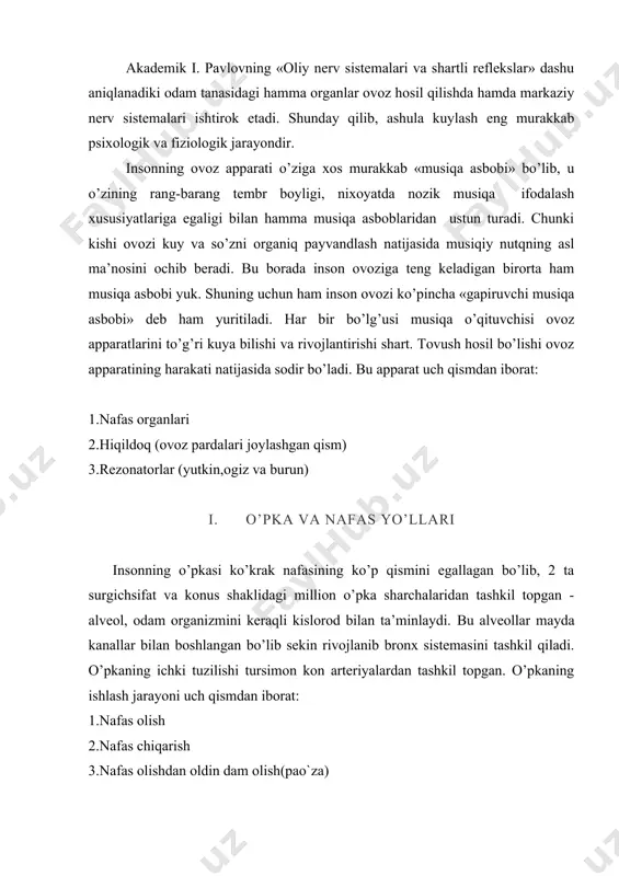 t qiladi. kalkonsimon togayning pastki, uzluksimon togayning xalqa qismi ustidagi pardalar elastik tolalardan tuzilgan. tomoqning xalqum devorlari tomonidan nafas (burundan keyingi) yo’li boshlanadi, ovoz ravogiga takaladi. ovoz ravogining har ikkala chetida juda nozik tola to’qimalardan iborat ovoz pardalari joylashgan. odam ovozi juft va tok hiqildoq togaylari pardalarining musqullari yordamida bir-biri bilan birikishidan hosil bo’ladi. nafas orqali chiqayotgan xavo hiqildoqdagi togaylar orasida tortilgan ovoz pardalariga urilib tebratadi va ovoz chiqaradi. tovushning baland-pastligi, yo’g’on-ingichkaligi hiqildoq bushligining katta-kichiqligiga, pardalarning tarangligiga, ularning uzunligi va qalinligiga, til, xalqum-hiqildoq musqullarining qisqarishiga bog’liqdir.ovoz pardalari latincha «lig vocale» deyiladi. bu pardalar yuqori va pastda joylashgan bo’lib, yuqoridagisi soxta, pastdagisi esa chin ovoz pardasi deyiladi. ayollarning xikildogi erkaqlarnikiga qaraganda yuqoriroqda, bolalarniki esa undan ham yuqoriroqda joylashgan bo’ladi. keksalarning xiqildogi esa o’rta yoshli kishilarga qaraganda pastroqda joylashgan. shuning uchun ham ovozlar past-baland bo’ladi. shuni ham aytish kerakki, kishi erkin nafas olib, nafas chiqarayotganda ovoz chiqmaydi, chunki bunday vaqtda ovoz ravogi …