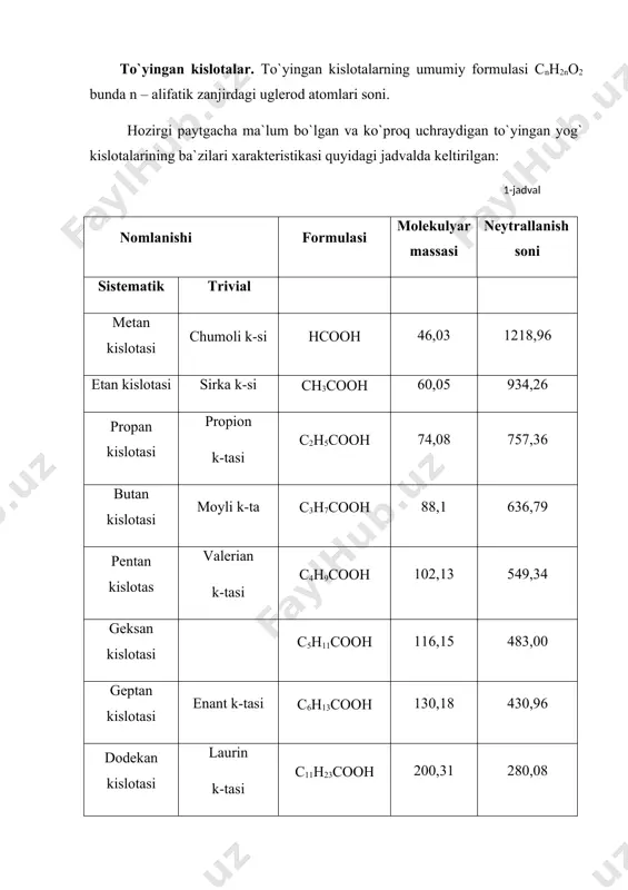 arkibida bor. suyuq o`simlik moylarida pal’mitin kislotasi mikdori odatda stearin kislotasinikiga nisbatan birmuncha ko`prok bo`ladi. qattiq o`simlik yog`lari ham bu kislotaga boy, masalan pal’ma yoki kakao yog`i (moyi). qattiq va eruvchanlik harorati yuqori bo`lgan hayvon yog`laridagi yog` kislotalarining 20-30% ni stearin kislotasi tashkil etadi. araxin va begen kislotalari ko`pgina o`simlik yog`larida juda kam mikdorda (3-5%mas.) uchraydi. bundan ham yuqori molekulyar yog` kislotalari mumlar tarkibiga kiradi. ba`zi bir bakteriyalarning lipidlari tarkibida tarmoqlangan uglerod atomlari zanjiridan iborat yog` kislotalari bo`lishi mumkinligi aniqlangan. to`yinmagan yog` kislotalari. olefin qatoridagi (ya`ni qo`shbog`li) to`yinmagan yog` kislotalari tabiatda keng tarqalgan. yog`larda ularning mikdori ko`pincha to`yingan yog` kislotalariga nisbatan anchagina ko`proq bo`ladi. ko`pchilik hollarda ular yog`lardagi kislotalarning 90% gachasini tashkil etishi mumkin. ularning umumiy formulasi cnh2n-2mo2 , bunda m-kislota molekulasidagi qo`shbog`lar soni. qo`shbog`ning molekulada joylashgan joyini belgilash uchun belgisi formula oldiga qo`yib yoziladi va bu belgidan so`ng formuladagi to`yinmagan uglerod atomlarining tegishli raqami qo`yiladi. bunda karboksil guruhi uglerod …