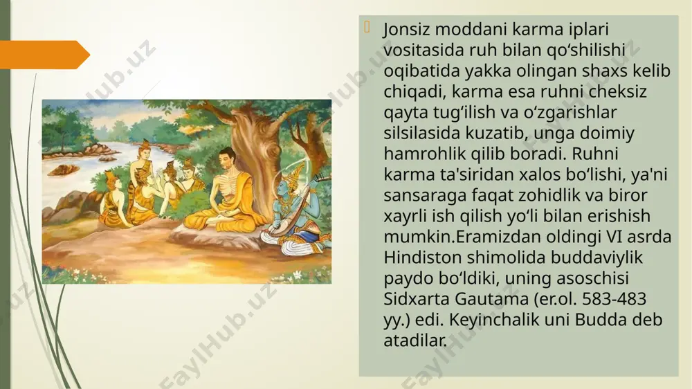 ning turli tarkibiy qismlaridan tashkil topgan shartli majmuadir. insonning mavjudligi ana shu majmuaga bog‘liq bo‘lib, qachonki, u bo‘linib ketsa, insonning hayoti barham topadi. ruh yoki men ana shu majmuadan boshqa narsa emas, degan ma'noni anglatadi. shunday qilib buddaviylik falsafasining markaziy ta'limoti barcha mavjud narsalarning o‘zaro aloqada (pratitya) ekanligidadir, ya'ni barcha ashyolar u yoki bu holatlar ta'siri ostida paydo bo‘ladilar. doimiy o‘zgarishlarga duchor bo‘lishi shart bo‘lgan voqyeylik muayyan zamon lahzalarida faqat tajriba orqaligina bilib olinadi va shuning uchun ham asosiy fikrni fahmlashga berilib ketmaydi. buddaviylik bu faqat axloqiy-falsafiy ta'limotgina emas, balki din hamdir. u eng qadimgi jahon miqyosidagi dindir. ammo yakka xudolikka asoslangan boshqa dinlardan farqli o‘laroq, unda yagona xudoga, ruhning abadiyligiga ishonish yo‘qdir, shuningdek, unda xudo bilan odamlar o‘rtasida vositachilik qiluvchi cherkov ham yo‘qdir. bular o‘rniga buddaviylik yo‘lidan borishga yordamlashuvchi e'tiqod quyganlar jamoasi bordir. buddaviylik shuning uchun ham dindirki, unda najot topishga ishonch, ya'ni ko‘ngilga yorug‘lik kirituvchi – nirvonaga erishish …