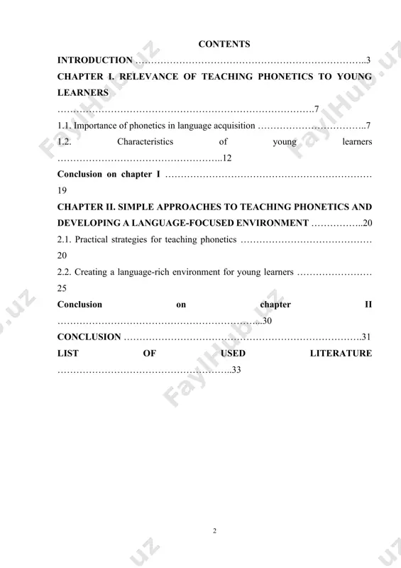 ign languages in uzbekistan has become very important since the first days of the independence of our country which pays much attention to the rising of education level of people, their intellectual growth. before this decree the president оf uzbekistаn mirziyoyev sh. m. signed the decree №2909 “on measures for further development of the higher education system” on april 21, 2017[1,5]. this decree plays as the basic foundation to the last one. phonetics plays a vital role in language acquisition, serving as the foundation for effective communication and comprehension. for young learners, mastering phonetic skills is crucial for developing accurate pronunciation, listening abilities, and confidence in speaking. teaching phonetics to young learners is a dynamic and interactive process that requires tailored strategies to suit their developmental and cognitive needs. this coursework explores the importance of teaching phonetics to young learners, focusing on practical methods and techniques to create an engaging …