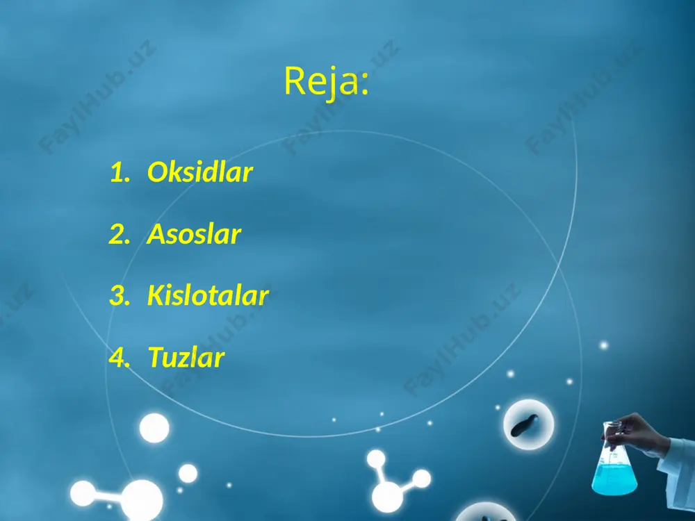 nacl, kcl, cacl2, ba(no3)2, al2 (so4)3, feso4. 2. nordon tuzlar: ikki yoki uch negizli (ko‘p negizli) kislotalar nordon tuzlarni hosil qiladi. nahco3, ca(hco3)2, khso4, ca(h2po4)2. 3. asosli yoki gidroksid tuzlar: (cuoh)2co3, ca(oh)cl, mg(oh) no3, al(oh)2cl. 4. qo‘shaloq tuzlar (qo‘sh tuzlar): ikki xil metall va 1 ta kislota qoldig‘idan tashkil topgan tuzlar. bunday tuzlar ichida amaliy ahamiyatga ega bo‘lganlari achchiqtoshlardir: kal(so4)2, nh4 al(so4)2. 5. aralash tuzlar: bir xil metall va ikki xil kislota qoldig‘idan hosil bo‘lgan tuzlar aralash tuzlar deyiladi: caclocl (yoki caocl2). image2.jpeg image3.png image4.png image5.png image6.jpeg image7.jpeg image8.jpeg image9.jpeg image10.jpeg image11.jpeg image12.png image13.jpeg image14.jpeg image15.jpeg image16.png image17.jpeg image18.png image19.jpeg image20.png image21.jpeg image22.jpeg image23.jpeg image24.jpeg image25.jpeg image26.jpeg image1.jpeg chemistry laboratory equipment, test tubes /docprops/thumbnail.jpeg