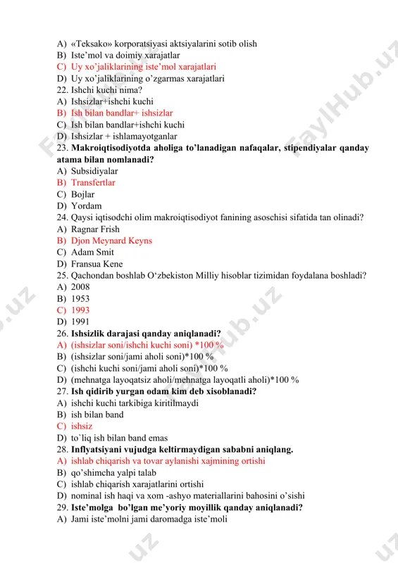 yoqatsiz aholi/mehnatga layoqatli aholi)*100 % 27. ish qidirib yurgan odam kim deb xisoblanadi? a) ishchi kuchi tarkibiga kiritilmaydi b) ish bilan band c) ishsiz d) to`liq ish bilan band emas 28. inflyatsiyani vujudga keltirmaydigan sababni aniqlang. a) ishlab chiqarish va tovar aylanishi xajmining ortishi b) qo’shimcha yalpi talab c) ishlab chiqarish xarajatlarini ortishi d) nominal ish haqi va xom -ashyo materiallarini bahosini o’sishi 29. iste’molga bo’lgan me’yoriy moyillik qanday aniqlanadi? a) jami iste’molni jami daromadga iste’moli b) iste’mol xarajatini o’sishini ixtiyordagi daromad o’sish birligiga nisbati c) daromad o’zgarishi oqibatida iste’mol xarajatini o’zgarishi d) ehtiyojlarning pul bilan qoplangan qismi 30. qachon pul taklifi ko’payadi? a) markaziy bank depozitlarni majburiy zahiralash mе'yorini pasaytirsa b) davlat tomonidan tovarlar va xizmatlar sotib olish hajmi oshirilsa c) aholi xususiy kompaniyalar aksiyalarini sotib olsa d) markaziy bank qayta moliyalash stavkasini oshirsa 31. agar tasarrufdagi daromad (yd) 400ga, istеmol (c) 280ga, jamg’arish (s) 120ga tеng bo’lsa, unda …