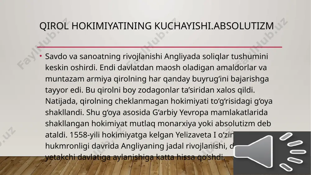 g boshlanishi 1640-yilning boshiga kelib, xazina bo‘shab qoldi. mamlakatda ko‘plab ochlar qo‘zg‘oloni, londonda esa ko‘chatartibsizliklari bo‘lib o‘tdi. shotlandiya angliyaga qarshi harbiy harakatlarni boshlab yubordi. shunday sharoitda 1640-yili yangi parlament yig‘ildi. bu parlament uzoq vaqt tarqatilmaganligi uchun «uzoq muddatli parlament» nomi bilan tarixga kirdi. bu inqilobning boshlanishi edi. qirol bilan parlament o’rtasida fuqarolar urushi angliya parlament bilan qirol tarafdorlari bo‘lgan bir-biriga dushman ikki lagerga bo‘lindi. parlamentni savdogarlar, tadbirkorlar va yangi dvoryanlar qo‘llab-quvvatladi. eski tartiblardan manfaatdor bo‘lganlarning barchasi – yirik yer egalari bo‘lgan asilzodalar va ularga qaram bo‘lgan dehqonlar, saroy amaldorlari, ingliz cherkovi qirol bayrog‘i ostida birlashdilar. 1643-yilning oxiriga kelib, mamlakat hududining to‘rtdan uch qismi qirol hukmronligi ostida edi. parlament esa xalqni jangga chorlashga qo‘rqardi. biroq tez orada parlamentning yangi ittifoqchisi bo‘lgan shotlandiya armiyasi angliya hududiga kirib keldi. shotlandlar bilan parlament tarafdorlarining birlashgan qo‘shini qirol qo‘shini ustidan g‘alaba qozondi. bu g‘alabada oliver kromvel qo‘mondonligi ostidagi otliq askarlar asosiy rol o‘ynadi. qirol va …