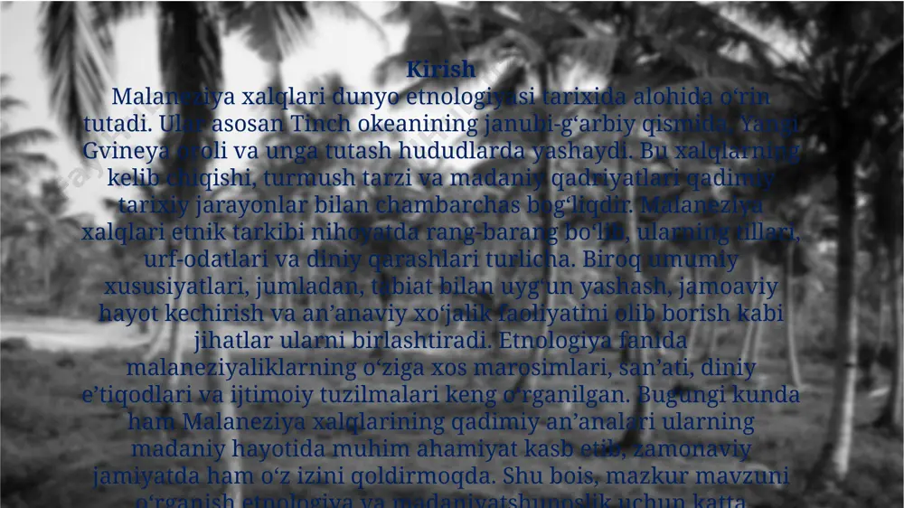 i miloddan avvalgi ming yilliklarga borib taqalishi qayd etilgan. bu hududlarda yashagan xalqlar ko‘plab etnik guruhlarga bo‘linadi. ularning soni minglab kichik qabilalardan iborat bo‘lib, tillari ham juda xilma-xil. masalan, faqatgina yangi gvineyaning o‘zida yuzlab mustaqil tillar mavjud bo‘lib, ular bir-biridan farqlanadi. shu bois bu hudud dunyodagi eng katta til xilma-xilligi markazlaridan biri hisoblanadi. malaneziya xalqlarining joylashuvi ularning ijtimoiy hayoti va xo‘jaligiga ham ta’sir ko‘rsatgan. quruqlikda yashovchi qabilalar ko‘proq dehqonchilik bilan shug‘ullangan bo‘lsa, orollarda yashovchilar baliqchilikka tayangan.. 4 malaneziya xalqlarining ijtimoiy va madaniy hayoti malaneziya xalqlari ijtimoiy hayotida jamoaviylik muhim o‘rin tutadi. ularning asosiy ijtimoiy birligi qabila hisoblanib, har bir qabila o‘zining urf-odatlari va an’analariga ega. odamlar o‘zaro qarindoshlik aloqalari asosida yashaydi va bu tuzilma ularning kundalik faoliyatini belgilab beradi. malaneziya xalqlari turmush tarzida diniy marosimlar katta ahamiyat kasb etadi. ajdodlarga sig‘inish, ruhlar dunyosiga ishonch, turli marosimlar va totemizm keng tarqalgan. shuningdek, an’anaviy raqslar, qo‘shiqlar va niqobli tomoshalar ijtimoiy hayotda muhim …