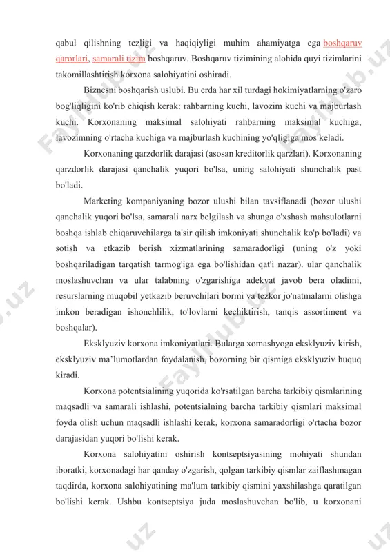 k: rahbarning kuchi, lavozim kuchi va majburlash kuchi. korxonaning maksimal salohiyati rahbarning maksimal kuchiga, lavozimning o'rtacha kuchiga va majburlash kuchining yo'qligiga mos keladi. korxonaning qarzdorlik darajasi (asosan kreditorlik qarzlari). korxonaning qarzdorlik darajasi qanchalik yuqori bo'lsa, uning salohiyati shunchalik past bo'ladi. marketing kompaniyaning bozor ulushi bilan tavsiflanadi (bozor ulushi qanchalik yuqori bo'lsa, samarali narx belgilash va shunga o'xshash mahsulotlarni boshqa ishlab chiqaruvchilarga ta'sir qilish imkoniyati shunchalik ko'p bo'ladi) va sotish va etkazib berish xizmatlarining samaradorligi (uning o'z yoki boshqariladigan tarqatish tarmog'iga ega bo'lishidan qat'i nazar). ular qanchalik moslashuvchan va ular talabning o'zgarishiga adekvat javob bera oladimi, resurslarning muqobil yetkazib beruvchilari bormi va tezkor jo'natmalarni olishga imkon beradigan ishonchlilik, to'lovlarni kechiktirish, tanqis assortiment va boshqalar). eksklyuziv korxona imkoniyatlari. bularga xomashyoga eksklyuziv kirish, eksklyuziv ma’lumotlardan foydalanish, bozorning bir qismiga eksklyuziv huquq kiradi. korxona potentsialining yuqorida ko'rsatilgan barcha tarkibiy qismlarining maqsadli va samarali ishlashi, potentsialning barcha tarkibiy qismlari maksimal foyda olish uchun maqsadli ishlashi …