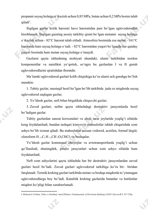 eft xom ashyolarini qayta ishlashda har bir destruktiv jarayonlardan zavod gazlari hosil bo’ladi. zavod gazlari uglevodorod tarkibiga ko’ra bir– biridan farqlanadi. termik kreking gazlari tarkibida metan va boshqa miqdorda to’yinmagan uglevodorodlarga boy bo’ladi. katalitik kreking gazlarida butanlar va butilenlar miqdori ko’pligi bilan xarakterlanadi. tabiiy gazlarni qazib chiqarish va qayta ishlashda doimo gaz gidratlari hosil bo’ladi. gidrat hosil qiluvchi komponentlar asosan tabiiy gaz tarkibidagi yengil uglevodorodlar – metan, etan, propan, izobutan, shuningdek, azot, uglerod ikki oksidi va vodorod sulfid hisoblanadi. tabiiy gaz gidratlari quyidagi formulaga egadir: сн4 6н2о;с2н6 8н2о;с3н8 17н2о;i с4н10 17н2о;н2s 6н2о; n2 6н2о;co2 6h2o. gidratlar ko’rishini – oq kristal moddalar bo’lib, hosil bo’lish sharoitiga ko’ra muz yoki zichlashtirilgan qorga o’hshaydi. uglevodorodli gaz gidratlarida suvli kristall panjara katta qismi suyuq propan va izobutan to’la bo’ladi, kichik qismida esa metan, etan, azot, vodorod sulfid va uglerod ikki oksidi bo’ladi. gaz gidratlari hosil bo’lishi quvurlar va jihozlarda tiqinlar hosil qilishi tufayli ko’ndalang …
