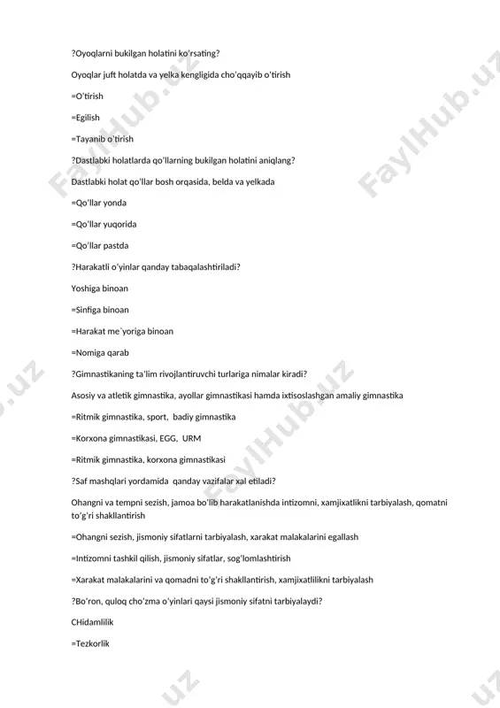 burchak =kvadrat ?qirra bo’lib saflanishdan joyga ko’chish uchun qanday buyruq beriladi? o’z joyinga va belgilangan joyga qadam bos =ortga burilib qadam bos =bir qatorga qadam bos =ortga aylanib o’z joyinga qadam bos ?halq o’yinlari bo’yicha birinchi festival qaerda o’tkazilgan? jizzax =sirdaryo =andijon =qashqadaryo ?harakatni boshlash uchun qanday buyruq beriladi? chap zal bo’ylab oldinga qadam bos =chapga yuring =chap yelka bo’ylab yuring =yelka bo’ylab qadam bos ?voleybol to’rining o’lchami qancha bo’ladi? eni 100 sm uzunligi 9,5 metr =eni 80 sm uzunligi 10 metr =eni 85 sm uzunligi 9,5 metr =eni 90 sm uzunligi 9,5 metr ?sog’lomlashtiruvchi gimnastika va badiiy gimnastika bu sportning qaysi turlariga kiradi? gimnastika turlariga =suzish sport turiga =kurash sport turiga =qurilish turiga ?saf mashqlari nechta guruhga bo’linadi? 4 ta guruhga =3 taga =5 taga =7 taga ?basketbol o’yinining asoschisi kim? djeyms a.neysmit =m.d.mogilevskiy =gomelsqiy a.ya =pulatov.a.a ?“qirra bo’lib” saflanish, saf mashqlarini qaysi guruhiga kiradi? saflanish va qayta saflanish …