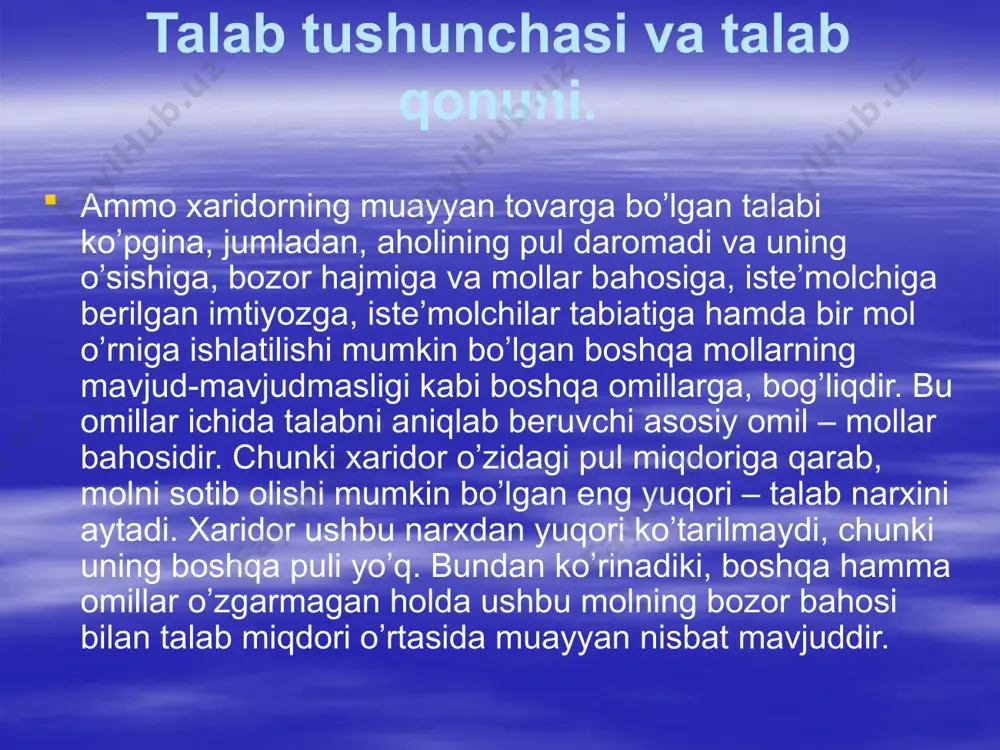 ’rsatadi. mollar taklifiga texnika taraqqiyoti, ishlab chiqaruvchilarning monopol hukmronligi, mollar bahosida bo’ladigan o’zgarish kabilar ta’sir qilishi mumkin. shuning uchun ham taklifni ko’tarilib (yoki pasayib) boruvchi o’q tarzida ifodalash mumkin. taklif bizga ma’lumki, bozor iqtisodiyoti sharoitida ishlab chiqaruvchilar o’z mollarini yuqoriroq bahoda, ya’ni qimmatroq sotishga harakat qiladilar. shuning uchun ham sotuvchilar o’z mollariga imkon chegarasidagi eng quyi bahoni belgilaydilar. bundan past baho esa bu mollar ishlab chiqarishni samarasiz qilib qo’yadi. umuman, taklif qilinayotgan mollarning bozor bahosi bilan ularning miqdori o’rtasida bevosita bog’liqlik mavjud bo’lib, bahoning o’sishi bilan taklif hajmi ortadi va bahoning pasayishi bilan taklif hajmi kamayadi. baho bilan taklif o’rtasidagi bunday bog’liqlikni taklif qonuni deyiladi. taklif qilinayotgan mollarning bozor bahosi bilan bu mollar miqdori o’rtasidagi munosabat taklif egri chizig’i deyiladi. uni quyidagicha ifodalash mumkin. taklif hajmiga bahodan tashqari bir necha omillar ta’sir ko’rsatadi: resurslarga baholarning o’zgarishi (minyyeral o’g’itlarga baholarning pasayishi bunday taklifni oshiradi), texnologiyalarning o’zgarishi (makkajo’xori zararkunandasiga qarshi kuchli vositaning …