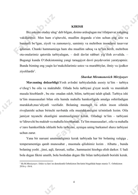 ya'ni ota-ona farzandlariga befarq bo‘lib va har doim janjallar sodir bo‘laversa bu bolaning tarbiyasiga, rivojlanishiga qattiq ta‘sir ko‘rsatadi. chunki oila farzandning dastlabki tarbiya maktabidir.afsuski, oramizda shunday ota-onalar ham uchraydiki, bolaning hamma talab - ehtiyojlariga haddan tashqari e‘tiborli bo‘lib, barcha o‘jarliklarini ko‘taradilar. natijada bola kelajakda yomon xulqli , jamiyatga zarari tegadigan inson bo‘lib qoladi. ana shunday muammolar kelib chiqmaslikning oldini olish uchun biz bo'lajak yosh avlodga to‘g‘ri tarbiya berib, ularga adolatlilik, to‘g‘ri so‘zlilik, haqqoniylik va hurmat-izzatni o'rgatishimiz lozim. kurs ishining maqsadi: bolani ma’naviy ruhi rivojlanib,kamol topishida mahalla va maktab ro’lini o’rganish kurs ishining vazifasi:bola tarbiyasida mahalla va maktab ro’lini ahamiyati kurs ishining tashkiliy tuzilmasi:ushbu kurs ishi 3 ta bob,9 ta paragrf,xulosa hamda foydalanilgan adabiyotlardan iborat. i.bob. tarbiya jarayonida oila , mahalla hamda ta‘lim muassasalarining o‘zaro hamkorligi 1.1. oila tarbiyasining mohiyati. «dunyoda jamiki narsa juft yaratilgan: osmon va yer, quyosh va oy, kecha va kunduz, ona qorni va qabr, hayot va o’lim, …