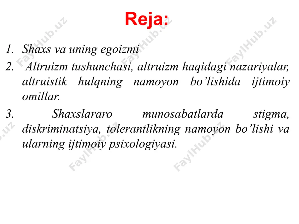 nimadandir lazzatlanish, qoniqish olish va o'zidagi ichki ruhiy iztiroblardan xoli bo‘lishga intilish ustuvorligidir. bunda inson asosan to‘q va farovon hayotga intiladi, boy-badavlat yashashni xohlaydi va bundan lazzat oladi. egosentrizm — lotincha «ego» — men va «centrum» — doira markazi so‘zlaridan olingan bo‘lib, insonning o‘z fikr o‘ylari, manfaatlari doirasida qotib qolganligi, buning oqibatida atrof-muhitga va odamlarga oid bilimlarini hamda o'zgalarga munosabatini o‘zgartira olmasligini bildiradi. altruizm hech qanday mafaatni kutmagan holda boshqalarga yordam berish. (uning asosida hech qanday mafaat kutmasligi turadi) altruizm motivini tushuntirishda 2 xil nazariya mavjud. biologik nuqtayi nazar sotsiologik nuqtayi nazar sotsiologik(ijtimoiy) altruizm manfaat kutgan beg’azar niqobli egoizm o’zaro ijt almashinuv empatiya ijtimoiy normativ image1.jpeg image2.jpeg image3.png image4.jpeg image5.jpeg image6.jpeg image7.jpeg image8.jpeg image9.jpeg image10.jpeg image11.jpeg image12.jpeg image13.jpeg image14.jpeg image15.jpeg image16.jpeg image17.jpeg image18.jpeg /docprops/thumbnail.jpeg