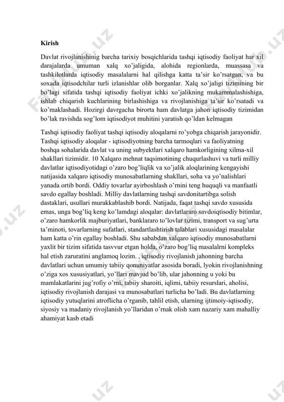banklararo to’lovlar tizimi, transport va sug’urta ta’minoti, tovarlarning sufatlari, standartlashtirish talablari xususidagi masalalar ham katta o’rin egallay boshladi. shu sababdan xalqaro iqtisodiy munosabatlarni yaxlit bir tizim sifatida tasvvur etgan holda, o’zaro bog’liq masalalrni kompleks hal etish zaruratini anglamoq lozim. , iqtisodiy rivojlanish jahonning barcha davlatlari uchun umumiy tabiiy qonuniyatlar asosida boradi, lyokin rivojlanishning o’ziga xos xususiyatlari, yo’llari mavjud bo’lib, ular jahonning u yoki bu mamlakatlarini jug’rofiy o’rni, tabiiy sharoiti, iqlimi, tabiiy resurslari, aholisi, iqtisodiy rivojlanish darajasi va munosabatlari turlicha bo’ladi. bu davlatlarning iqtisodiy yutuqlarini atroflicha o’rganib, tahlil etish, ularning ijtimoiy-iqtisodiy, siyosiy va madaniy rivojlanish yo’llaridan o’rnak olish xam nazariy xam mahalliy ahamiyat kasb etadi 1. jahon xo'jaligining mazmuni va uning tashkil topishi. jahon xo'jaligi rivojlanish bosqichlari. jahon iqtisodiyotiga keng m a’noda jahon iqtisodiyoti — bu milliy iqtisodiyotlar yig‘indisi sifatidagi tizim, tor m a’noda iqtisodiyotning tashqi dunyoga tovarlar, xizmatlar va iqtisodiy resurslar yetkazib beruvchi qismlarinigina qamrab oluvchi tizim, deb ta ’rif …