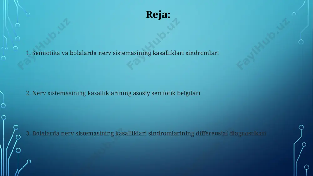 uv natijalari semiotik tahlilga asoslanadi. bolaning rivojlanishidagi kechikishlar va semiotik ko'rinishlari bolalarda 7 yoshda o‘qish va yozish qobiliyatining sust rivojlanishi, diqqatning tarqalishi va andijon shahrida kuzatilgan eeg o‘zgarishlari minimal miya disfunksiyasining semiotik belgilaridandir. bolaning rivojlanishida 2 yoshgacha nutqning sust rivojlanishi, 3 yoshda gross-motor ko‘nikmalarining kechikishi va o‘zbekistonning qishloq hududlarida yashovchi bolalarda bu holatlarning 15% ko‘proq uchrashi semiotik jihatdan miya shikastlanishini ko‘rsatishi mumkin. serebral falajning semiotik belgilari serebral falajning semiotik belgilari orasida, 2 yoshgacha bo'lgan bolalarda, 70% hollarda oyoq-qoʻllarning gipo- yoki hipertonusi kuzatiladi, bu esa harakatning cheklanganligini ko'rsatadi, masalan, toshkent shahridagi bolalar shifoxonasida o'tkazilgan tadqiqotlar shuni ko'rsatdi. mushaklarning kuchsizligi (parez) va falaj (plegiya) – serebral falajning asosiy semiotik belgilari hisoblanadi; taxminan 8 dan 12 yoshgacha bo'lgan bolalarda bu belgilar farg'ona viloyati reabilitatsiya markazlarida kuzatilgan. semiotika va asab tizimi kasalliklarining belgilariga kirish toshkentdagi 5 ta bolalar nevrologiya klinikalarida oʻtkazilgan tadqiqotlar shuni koʻrsatdiki, bolalarda nerv tizimi kasalliklarining semiotik belgilari yoshiga, kasallikning ogʻirligiga va …