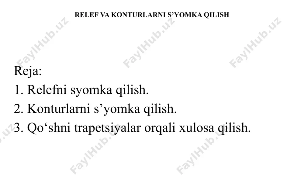 varag‘i ichida o‘zgarishiga yo‘l qo‘yilmaydi. faqat qo‘shni gorizontallar katta masofaga ajralib ketganda, xaritaning bu qismida yarim gorizontal chizilgan, uning balandligi asosiy qismining yarmiga teng. har beshinchi gorizontal chiziq, balandligi 10 yoki 5 ga ko‘paytiruvchi va relef kesimining balandligi 2,5 m bo‘lgan har to'rtinchi gorizontal chiziq qalinlashtirilishi kerak. tik yonbag‘irlarda, qo‘shni qalinlashgan gorizontallar orasidagi masofa 3 mm dan kam bo‘lganda, xaritaning bu qismida ular orasidagi gorizontallarni chizmaslikka ruxsat beriladi. o‘rmon yoki baland o‘simlik bilan qoplangan hududlarda kontur chizig‘ini chizishda, model yuzasi ustidagi belgining balandligi ularning balandligiga oshirilishi kerak. belgining balandligini o‘rmonda s’yomka qilish ma‘lumotlari va joylarda o‘tkaziladigan o‘lchovlardan olish mumkin. biroq, aksariyat hollarda o‘simliklarning balandligi fotogrammetrik tarzda aniqlanadi. buning uchun belgi o‘rmon chegarasiga yaqinlashganda o‘simlik balandligiga ko‘tariladi va keyin tepaliklar bo‘ylab olib boriladi. o‘rmonli maydonning oxiriga etib borgach, belgi gorizontal chiziq balandligiga tushiriladi va sirtga tegadi. shu bilan birga, gorizontal chiziqning o‘rmonli hududdan chiqishiga erishiladi. agar chetlashishlar bo‘lsa, ular bo‘ylab gorizontal …