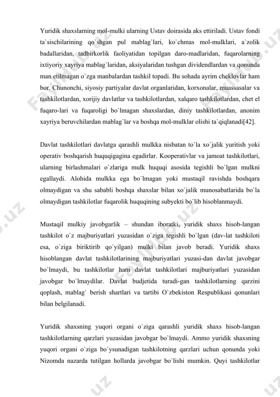 garlik yuklatilishi mumkin. fuqarolik muomalasida o`z nomidan harakat qilishi – yuridik shaxs hisoblangan tashkilot o`z nomidan huquqiy munosabatlarda qatnashib, turli bitimlar tuza olishi, mulkiy va mulkiy xarakterda bo`lmagan huquq-larga ega bo`la olishi va majburiyatlar vujudga keltira olishi, demakdir. yuridik shaxs sudda, xo`jalik sudida mustaqil ravishda da`vogar va javob-gar bo`la oladi. har bir yuridik shaxs o`z firma nomiga ega bo`lishi talab etiladi. firma nomi yuridik shaxsning tashkiliy-huquqiy shaklini bildiradi. masa-lan, “zarbdor” savdo–ishlab chiqarish jamoa korxonasi. bu yerda “zarb-dor” – korxonaning nomi, ya`ni, korxonaning mahsulot va xizmatlari “zarbdor” yorlig`i ostida chiqariladi. “savdo-ishlab chiqarish” korxona faoliyatining xarakterini, “jamoa korxonasi” – korxonaning jamoa mulk-chiligiga asoslanganligini bildiradi. shuningdek, yuridik shaxslar rasmiy nomga, ya`ni, davlat nomida bo`lishlari ham mumkin. yuridik shaxslarga rasmiy nomni berishda o`zbekiston respublikasi hukumati ruxsat beradi. masalan, o`zbekiston respublikasi prezidentining 2000 yil 28 yanvardagi farmoniga ko`ra, toshkent davlat universitetiga o`zbekiston milliy universiteti maqomi berildi[43]. yuridik shaxsning huquq layoqati va muomala layoqati yuridik shaxs …
