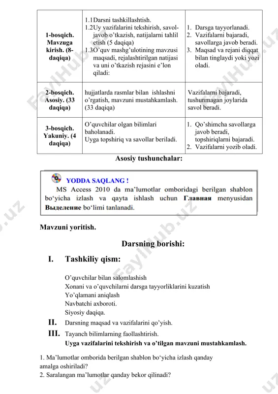 alarni bajaradi, tushunmagan joylarida savol beradi. 3-bosqich. yakuniy. (4 daqiqa) o’quvchilar olgan bilimlari baholanadi. uyga topshiriq va savollar beriladi. 1. qo’shimcha savollarga javob beradi, topshiriqlarni bajaradi. 2. vazifalarni yozib oladi. asosiy tushunchalar: mavzuni yoritish. darsning borishi: 1. tashkiliy qism: o’quvchilar bilan salomlashish xonani va o’quvchilarni darsga tayyorliklarini kuzatish yo’qlamani aniqlash navbatchi axboroti. siyosiy daqiqa. 1. darsning maqsad va vazifalarini qo’yish. 1. tayanch bilimlarning faollashtirish. uyga vazifalarini tekshirish va o’tilgan mavzuni mustahkamlash. 1. ma’lumotlar omborida berilgan shablon bo‘yicha izlash qanday amalga oshiriladi? 2. saralangan ma’lumotlar qanday bekor qilinadi? 3. jadvaldagi uchta familiyani bir vaqtda qidirib saralang. 4. o‘quvchilarning ma’lumotlar omborini yarating va bunda quyidagi ketma-ketlikdan foydalanig: a) familiyasi bo‘yicha qidiruvchi mo yarating; b) telefon raqami bo‘yicha qidiruvchi mo yarating; c) sinfi bo‘yicha qidiruvchi mo yarating; 1. dars materiallarini tushuntirish (materiallarni tushuntirish dars prezentatsiyasi va videorolik, amaliy harakatlar, tayyor ishlar ko’rgazmasini namoyish qilish bilan birgalikda olib boriladi). nazariy qism: formalar mo yangi …