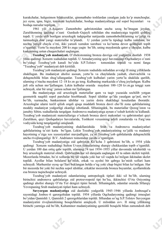 mida shakllangan. sopollitepa manzilgohi mustahkamlangan yirik qishloq bo’lib, umumiy maydoni 4 ga ga yaqin bo’lgan. lekin uning ancha hududi paxta maydoni hisobiga o’zlashtirib yuborilgan. faqatgina, uning markaziy qismigina saqlanib qolgan. u 82 x82 metr bo’lgan istehkom bo’lib, uning atrofi 3 qator mudofaa devori bilan o’rab olingan. devorlar qalinligi 2 metrdan bo’lib,u somon qo’shilgan xom g’ishtdan ishlangan. mudofaa devorlari juda murakkab me’moriy reja asosida qurilgan. u to’lg’ama tuzoq usulida ishlanib, aniq o’lchamli koridorsimon bloklarga bo’lingan. tashqi bloklar dahliz tipidagi xonalar orqali ichkaridagi uy-joylar bilan birlashtirilgan. ichki bloklar mudofaa tizimida qopqon rolini o’ynagan. tashqaridan qaraganda go’yo ular qal’a ichiga olib kiruvchi darvozalarni eslatadi. aslida xuddi shu tipda ishlangan yagona darvoza qal’aning janubiy tomonida joylashgan. keyinroq bu mudofaa inshoatiga zaruriyat qolmagan. mudofaa tizimidagi ichki va tashqi bloklar sopollitepaning keyingi bosqichlarida urug’ xilxonasi, uy-joy, kulolchilik xumdoni kabi maqsadlarda foydalanilgan. mazkur istehkom ichida turar joylar, xo’jalik xonalari, xunarmandchilik ustaxonalari topildi. sopollitepadan 3 ta madaniy qurilish …