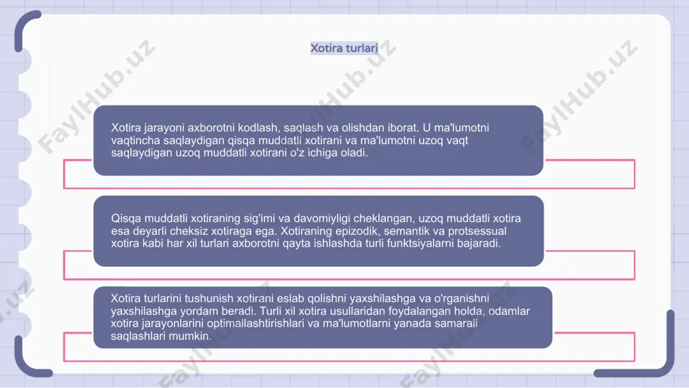 lanish va esda saqlashni mashq qilish orqali vaqt o'tishi bilan ularning vizual xotira ko'nikmalarini yaxshilash mumkin. eshitish xotirasi eshitish xotirasi - bu og'zaki ko'rsatmalar yoki suhbatlar kabi eshitilgan ma'lumotlarni saqlab qolish qobiliyati. bu quloq orqali qabul qilingan tovushlarni qayta ishlash va kodlashni o'z ichiga oladi. qisqa muddatli eshitish xotirasi bir necha soniyadan bir daqiqagacha davom etadi, bu bizga ma'lumotni vaqtincha ushlab turishga imkon beradi. uzoq muddatli eshitish xotirasi o'tmishdagi audio tajribalarni saqlash va qayta tiklashni o'z ichiga oladi. diqqat, diqqatni jamlash va takrorlash kabi omillar eshitish xotirasini mustahkamlashda hal qiluvchi rol o'ynaydi. ushbu jihatni kuchaytirish tinglash qobiliyatlarini yaxshilashga va gapirilgan ma'lumotlarni eslab qolishni yaxshilashga olib kelishi mumkin. flash lampochka xotirasi fleshli xotira - bu juda yorqin va batafsil bo'lgan, ko'pincha 11 sentyabr yoki to'y kabi muhim voqealar bilan bog'liq bo'lgan hissiy xotira turi. ushbu turdagi xotira, hodisa bilan birga bo'lgan yuqori hissiy qo'zg'alish tufayli miyamizda kodlangan deb ishoniladi. fleshli lampochka …