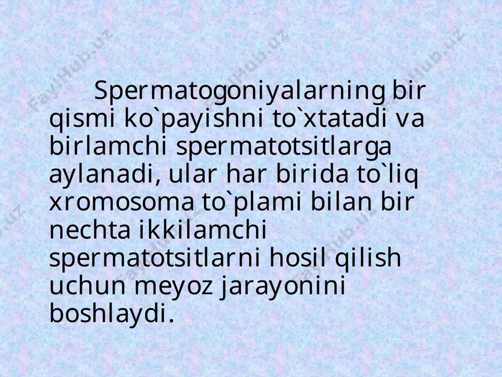 tana qism spermatozoidni energiya bilan ta`minlab turadi. dum qismi asosiy va oxirgi bo`limlardan iborat. urug`lanish jarayonida spermatozoidlar 3 ta asosiy vazifani bajaradi: hosil bo`layotgan yangi organizmga otalik genlarini uzatadi dum yordamida tuxum hujayraga harakatlanib borib, bosh va bo`yin qismlarining kirishini ta`minlaydi. spermatozoid tuxum hujayraga bo`linishi uchun zarur bo`lgan sentriolanu olib kiradi hujayra markazining biridan spermatozoid dumining xivchini hosil bo`ladi. ikkala sentriola o`rtasidagi sitoplazmadan spermatozoidning bo`yni hosil bo`ladi. golji apparati akrosoma hosil bo`lishida ishtirok etadi. shunday qilib spermatidalar spermatozoidlarga aylanadi. spermatozoidlarning hosil bo`lishi ularning urug`lanish jarayoniga tayyorlanishi hisoblanadi. adabiyotlar: alberts, b., jonson, a., lyuis, j., raff, m., roberth, k., va valter, p. (2008).hujayraning molekulyar biologiyasi. garland science, teylor va frensis guruhi. creighton, t. e. (1999). molekulyar biologiya ensiklopediyasi. john wiley and sons, inc. hill, r. w., wyse, g. a., & anderson, m. (2012). hayvonlar fiziologiyasi. sinauer associates, inc. nashriyotchilari. kliman, r. m. (2016). evolyutsion biologiya ensiklopediyasi. akademik matbuot. marina, s. (2003) …