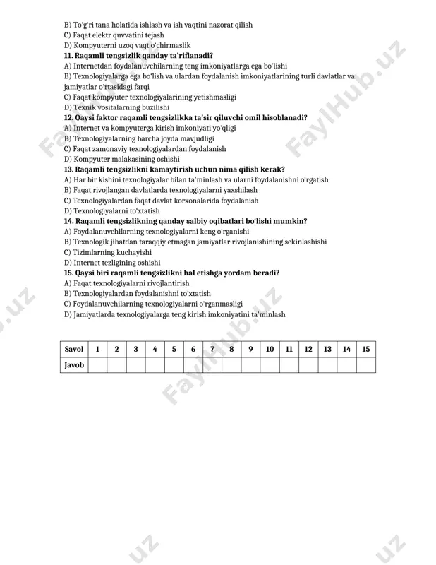 ishi mumkin emas c) uskunalar va texnik xizmat xarajatlari d) ma'lumotlarni almashish qobiliyati 5. kompyuter tarmoqlarining qanday arxitekturalari mavjud? a) mahalliy va global b) raqamli va analog c) ochiq va yopiq tarmoq d) peer-to-peer va kliyent-server 6. vpn nima uchun ishlatiladi? a) faqat fayllarni almashish uchun b) mobil telefon orqali internet ulanishi uchun c) xavfsiz tarmoq ulanishini ta’minlash uchun d) kompyuterlarni buzish uchun 7. internet va world wide web orasidagi asosiy farq nima? a) internet - bu global tarmoq, world wide web - ma’lumotlar tizimi b) internet faqat qishloq joylarda mavjud c) world wide web faqat universitetlar uchun d) internet kichik tashkilotlar uchun ishlatiladi 8. mobil tarmoqlarning asosiy afzalliklaridan biri nima? a) faqat uyali telefonlar bilan ishlash b) uskunalar yuqori narxda c) foydalanuvchilarni cheklash d) ma’lumotlarni tezkor almashish imkoniyati 9. video konferensiyalar qanday maqsadda ishlatiladi? a) ma’lumotlarni faqat yozib olish b) faqat internet orqali ma'lumot tarqatish uchun c) bir nechta …
