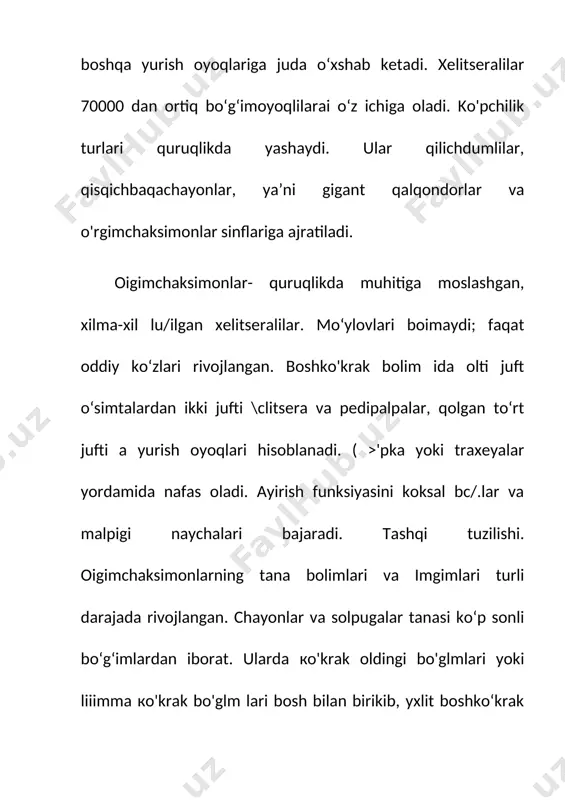 shlar ostiga yoki boshqa рана joylarga yashirinib olib, lunda ovga chiqadi. chayonlar - eng qadimgi orgimchaksimonlar. ulaming 600 ga yaqin turi m'lum. ko‘pchilik turlaii mayda. 0 ‘rta osiyo hududida keng tarqalgan chipor chayon - buthus eupeus uzunligi 6,5 sm ga yetadi. soxta chayonlar (pseudoscorpiones) turkumi. tuzilishi chayonlarga o'xshash, lekin juda mayda (1-12 mm) bo‘ladi. qomi 11 bo‘g‘imdan iborat, pedipalpasi qisqichga o‘xshaydi. xelitserasining harakatchan bo‘g imi uchiga to r bezlari y o ii ochiladi. ular bu bezlar suyuqligidan in qurish uchun foydalaniladi. ikki juft traxeyalari yordamida nafas oladi. soxta chayonlar urg'ochisi spermatoforlar yordamida urug‘lanadi. buning uchun erkak va urg'ochi chayonlar bir-biriga qarama-qarshi turib oladi. erkagi jinsiy teshigidan sperma bilan toigan shilimshiq suyuqlik chiqaradi. suyuqlik qotib, spermatoforni hosil qiladi. urg‘ochisi spermatofomi pedipalpasi bilan olib, jinsiy teshigiga kiritadi. urugiangau tuxumlax- urg‘ochisi qorin tomonidagi maxsus chiqarish kamerasida rivojlanadi. lichinkasi tuxumdondan ajralib chiqadigan sariqlik bilait oziqdanadi. karneradan chiqqan lichinkalar dastlab uning sirtiga yopishib oladi. lichinkalar …