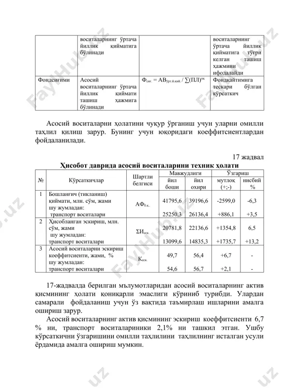 7 54,6 56,4 56,7 +6,7 +2,1 - - 17-жадвалда берилган мълумотларидан асосий воситаларнинг актив қисмининг ҳолати қониқарли эмаслиги кўриниб турибди. улардан самарали фойдаланиш учун ўз вақтида таъмирлаш ишларини амалга ошириш зарур. асосий воситаларнинг актив қисмининг эскириш коеффитсиенти 6,7 % ни, транспорт воситалариники 2,1% ни ташкил этган. ушбу кўрсаткични ўзгаришини омилли таҳлилини таҳлилнинг исталган усули ёрдамида амалга ошириш мумкин. ҳисобланган эскиришнинг ўзгаришини таъсири қуйидагича бўлган: ∆ кеск. = ∆ σиеск. / афй.о. * 100 =( 1354,8 / 39196,6) * 100 = 3,45 % ескириш коеффитсиентини ўзгаришига таъсир этган яна бир омил бу асосий воситаларнинг ҳаракати билан боғлиқ бўлган: ∆ка.ф. = + 6,7 - 3,45 = 3,25% худди шундай ҳисоб-китобларни транспорт воситалари учун ҳам бажариш мумкин. бунда эскириш суръати асосий воситаларни қийматини ўсишига қараганда 4 марта юқори бўлган. бу ҳолат маҳсулот таннархини ошганлигини, фойданинг камайганлигини билдиради. шу сабабли, асосий воситаларнинг актив қисмини янгиланиш динамикасини узлуксиз назорат қилиб туриш зарур. эскирган асосий воситалар …