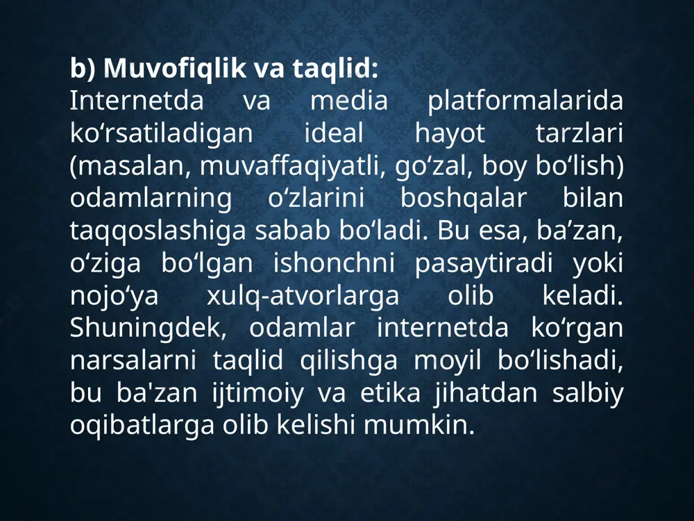 r odamlarni harakatga keltirishda muvaffaqiyatli bo‘lishi mumkin. bu reklama va manipulyatsiyalar ba’zan odamlar ehtiyojlarini noto‘g‘ri shakllantirishi yoki ularni shubhali xaridlar qilishga undashi mumkin. odamlar va texnologiya o‘rtasidagi muvozanat: internet va media ta’sirining salbiy oqibatlarini kamaytirish uchun muhim omil — bu odamlarning texnologiyalarni ongli va muvozanatli tarzda ishlatishidir. internetdan ma’lumot olish va foydalanishda ehtiyotkorlik va tanqidiy fikrlashni rivojlantirish zarur. shuningdek, texnologiyalarga qaram bo‘lib qolmaslik, real hayotdagi aloqalar va faoliyatni muvozanatda saqlash ham muhimdir. xulosa:media va internet bugungi kunda jamiyatning ajralmas qismiga aylangan. ularning xulq-atvorga ta’siri juda katta, va bu ta’sir ijobiy yoki salbiy bo‘lishi mumkin. odamlar ongli va ehtiyotkorlik bilan internet va media platformalaridan foydalanish orqali ularning salbiy ta’sirini kamaytirishi va ijobiy tomonlarini kuchaytirishi mumkin. har bir shaxs o‘z xulq-atvorini va qarorlarini tanqidiy ravishda baholab, o‘z maqsadlariga muvofiq ravishda internetni ishlatishi zarur. image2.png /docprops/thumbnail.jpeg