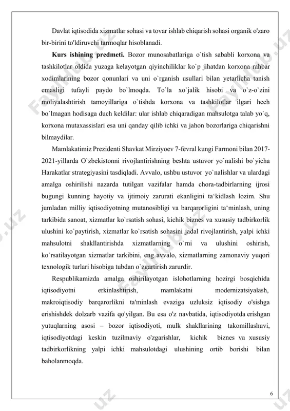 choq qullar evaziga mukofot: ikkita ho’kiz va’da qiluvchi maxsus belgilar mavjudligini yodga olish joizdir. qanday bo’lmasin, marketing amali-ilmiy fan sohasi sifatida aqshda qo’llanila boshladi. u yerda bu vaqtda “ommaviy iste’mol jamiyati” shakllanayotgan edi. shuningdek, odamzod tarixida birinchi bor iste’molchilik boyliklarining asosiy miqdori, shu jumladan, uy-joy, avtomobillar, uy-ro’zg’or texnikasi, keyinchalik esa ta’lim va sog’liqni saqlash, iste’mol krediti yordamida bo’lsa ham, aholining keng qatlamlari uchun ochildi. eng muhimi, oddiy fuqarolarda haqiqiy tanlash imkoniyati - qaysi tovarlarni va qanday miqdorda iste’mol qilish imkoniyati paydo bo’ldi. boshqa so’z bilan aytganda, marketing xaridorga u xohlaydigan narsani ta’minlab, bunda oqilona narxni belgilab va tovarlarni unga qulay bo’lgan joyda va kerakli miqdorda xarid qilish imkoniyatini berish orqali muvaffaqiyatga erishish mumkinligiga hammani ishontiradi. i bob. marketingning iqtisodiy mazmuni 1.1. marketing jarayoni, tizimi, talablari va turlari hozirgi zamon marketing adabiyotlarida marketingning juda ko’p ta’rifl ari beriladi. ulardan eng muhimlari quyidagilar: “marketing - firma tadbirkorlik faoliyatining hamma tomonlarini boshqarish jarayonidir”, …